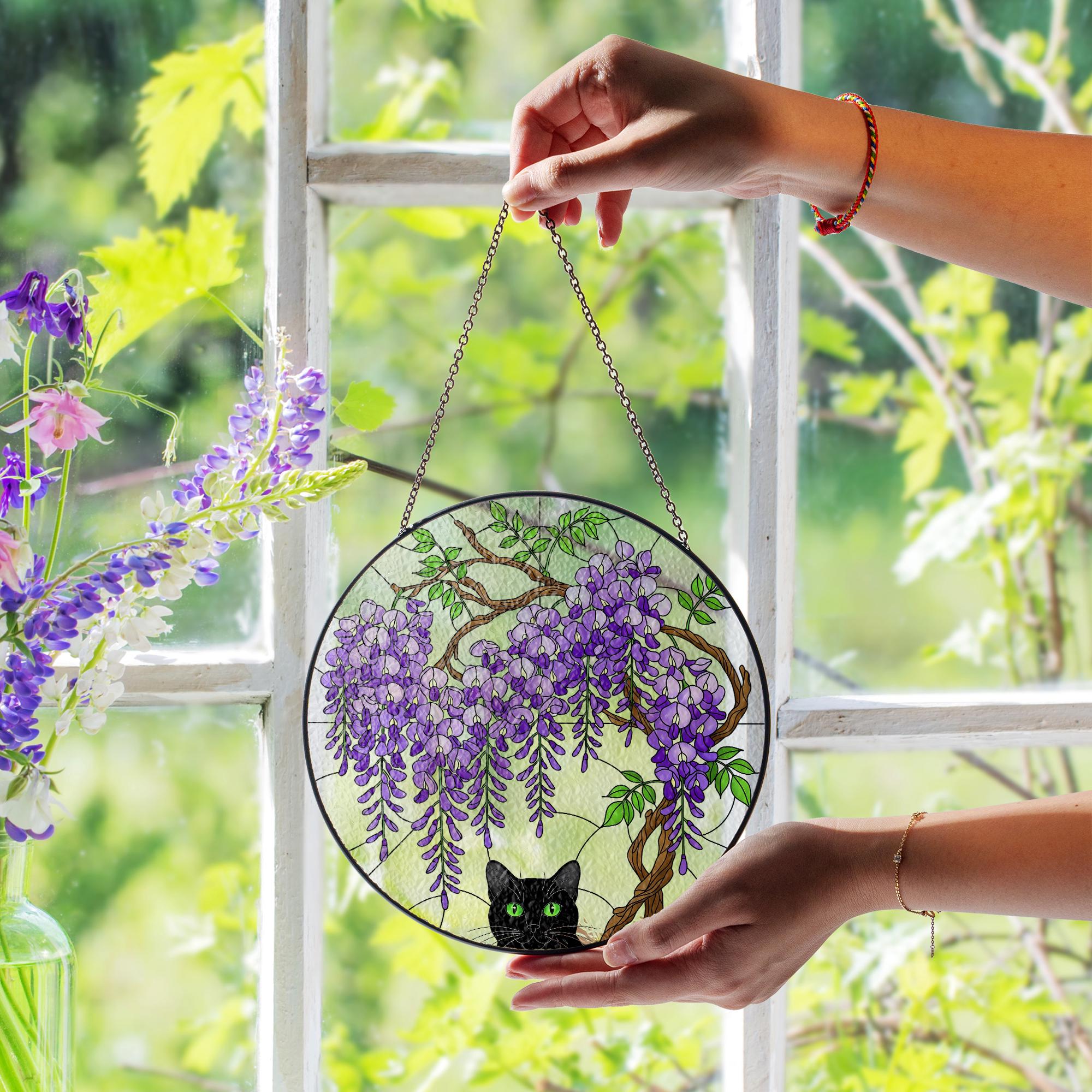 Black Cat Wisteria Glass Suncatcher, Floral Cat Window Hanging, Cute Kitty Sun Catcher, Cat Lover Gift, Cat Lover Gift Glass Wall Decor
