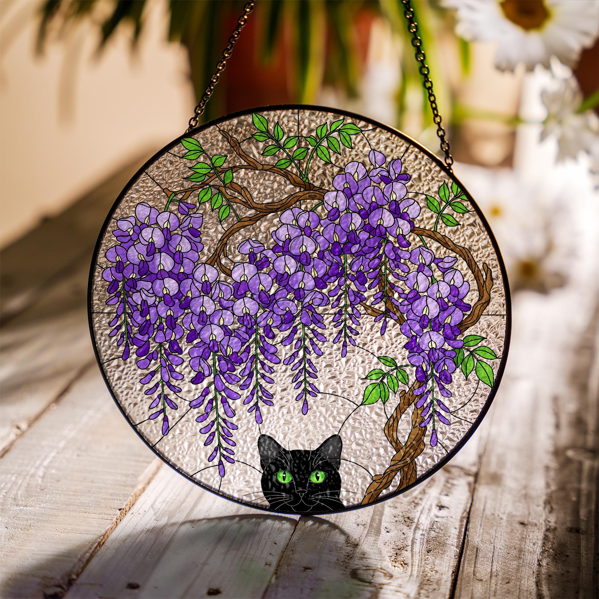 Black Cat Wisteria Glass Suncatcher, Floral Cat Window Hanging, Cute Kitty Sun Catcher, Cat Lover Gift, Cat Lover Gift Glass Wall Decor