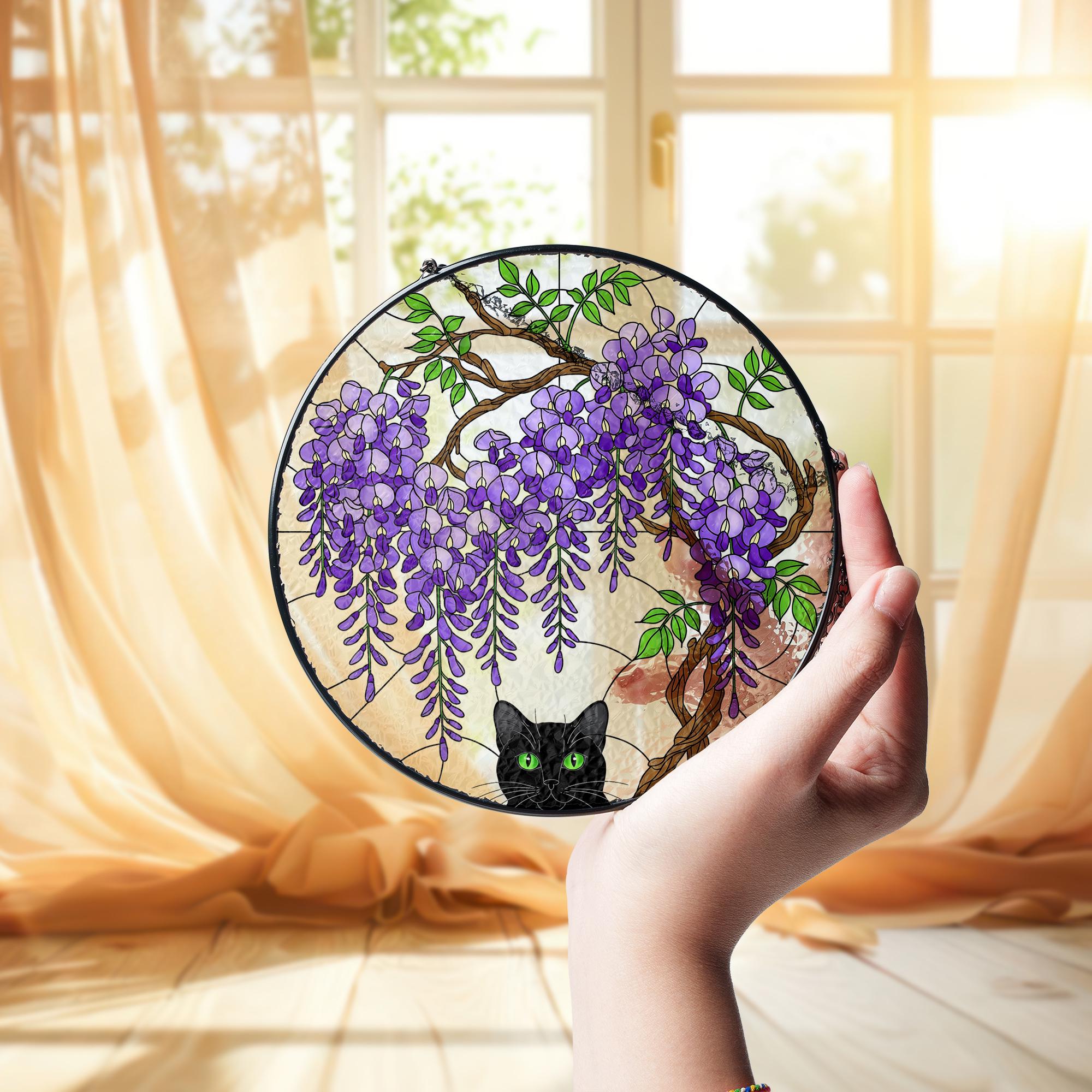 Black Cat Wisteria Glass Suncatcher, Floral Cat Window Hanging, Cute Kitty Sun Catcher, Cat Lover Gift, Cat Lover Gift Glass Wall Decor