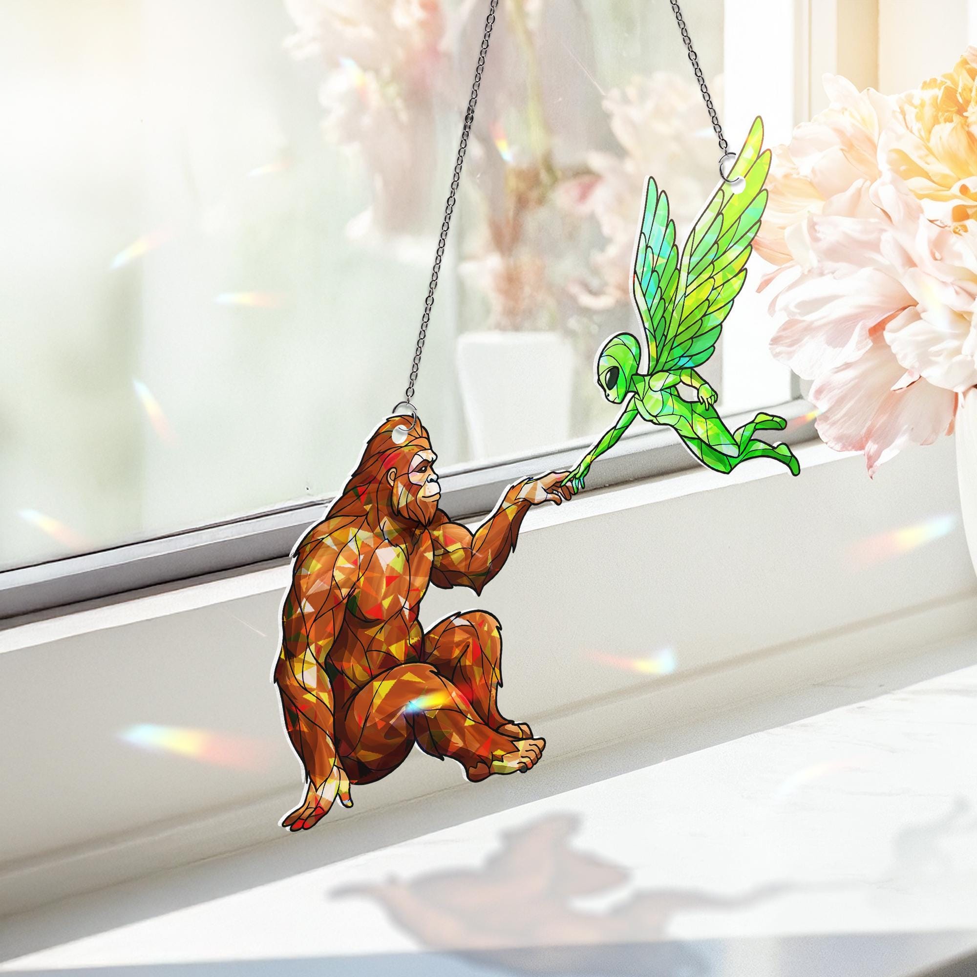 Bigfoot Fairy Alien Hologram ACRYLIC Window Hanging, Mystical Hand Touch Decor, Cryptid Iridescent Art, Fantasy Window Suncatcher Gift