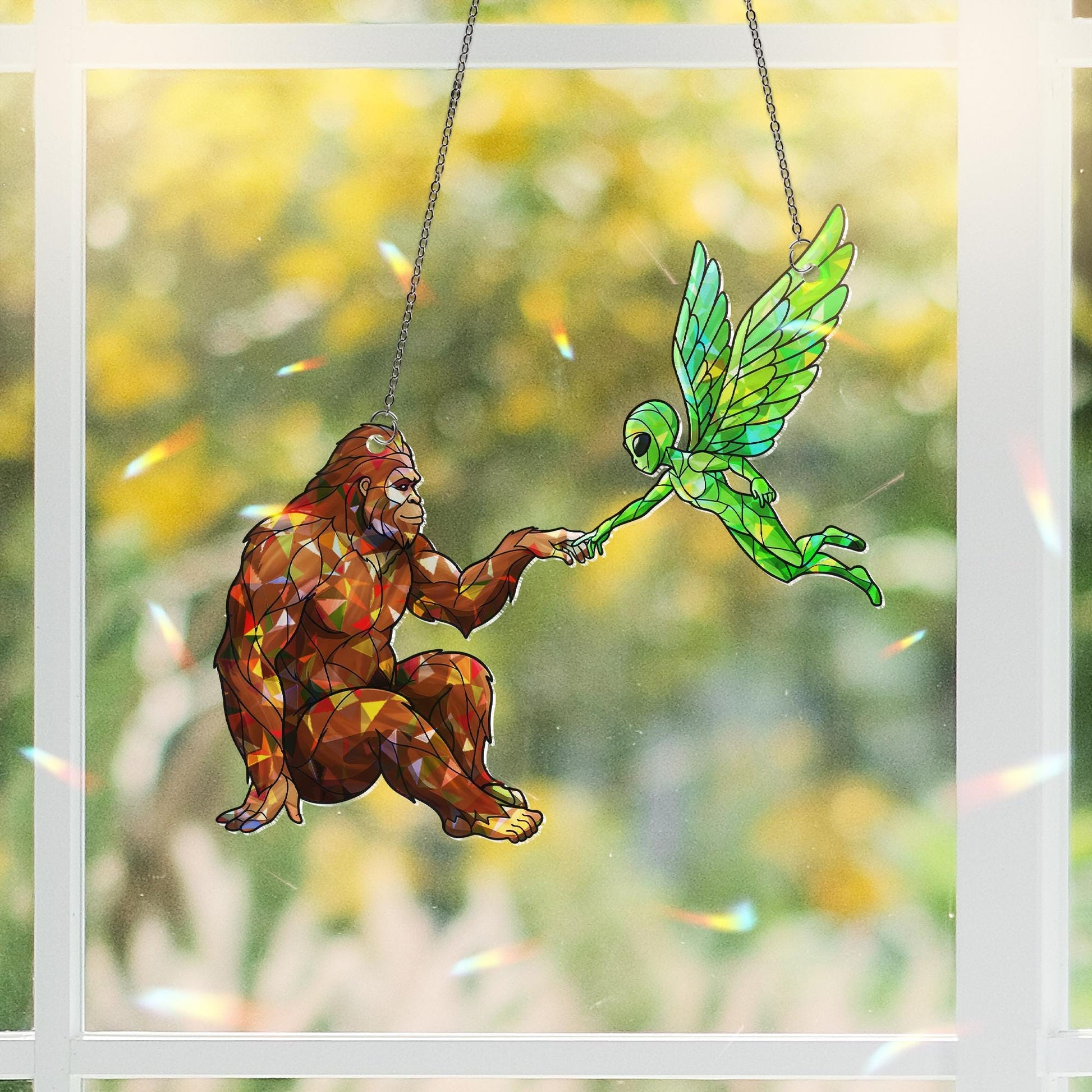 Bigfoot Fairy Alien Hologram ACRYLIC Window Hanging, Mystical Hand Touch Decor, Cryptid Iridescent Art, Fantasy Window Suncatcher Gift