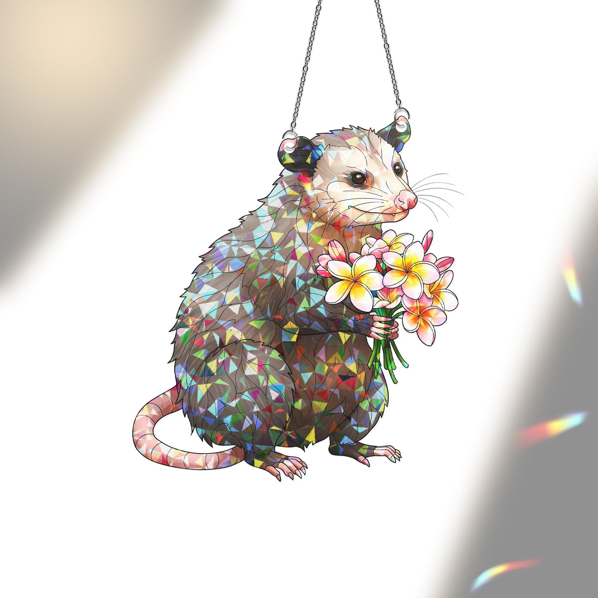 Opossum with Plumeria Bouquet Hologram ACRYLIC Window Hanging, Cute Marsupial Floral Decor, Funny Animal Suncatcher, Gift for Nature Lovers