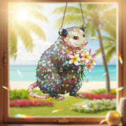 Opossum with Plumeria Bouquet Hologram ACRYLIC Window Hanging, Cute Marsupial Floral Decor, Funny Animal Suncatcher, Gift for Nature Lovers
