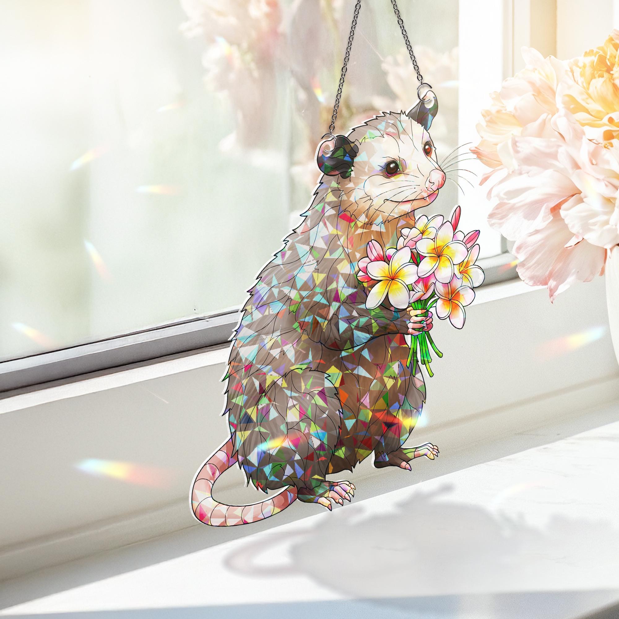 Opossum with Plumeria Bouquet Hologram ACRYLIC Window Hanging, Cute Marsupial Floral Decor, Funny Animal Suncatcher, Gift for Nature Lovers
