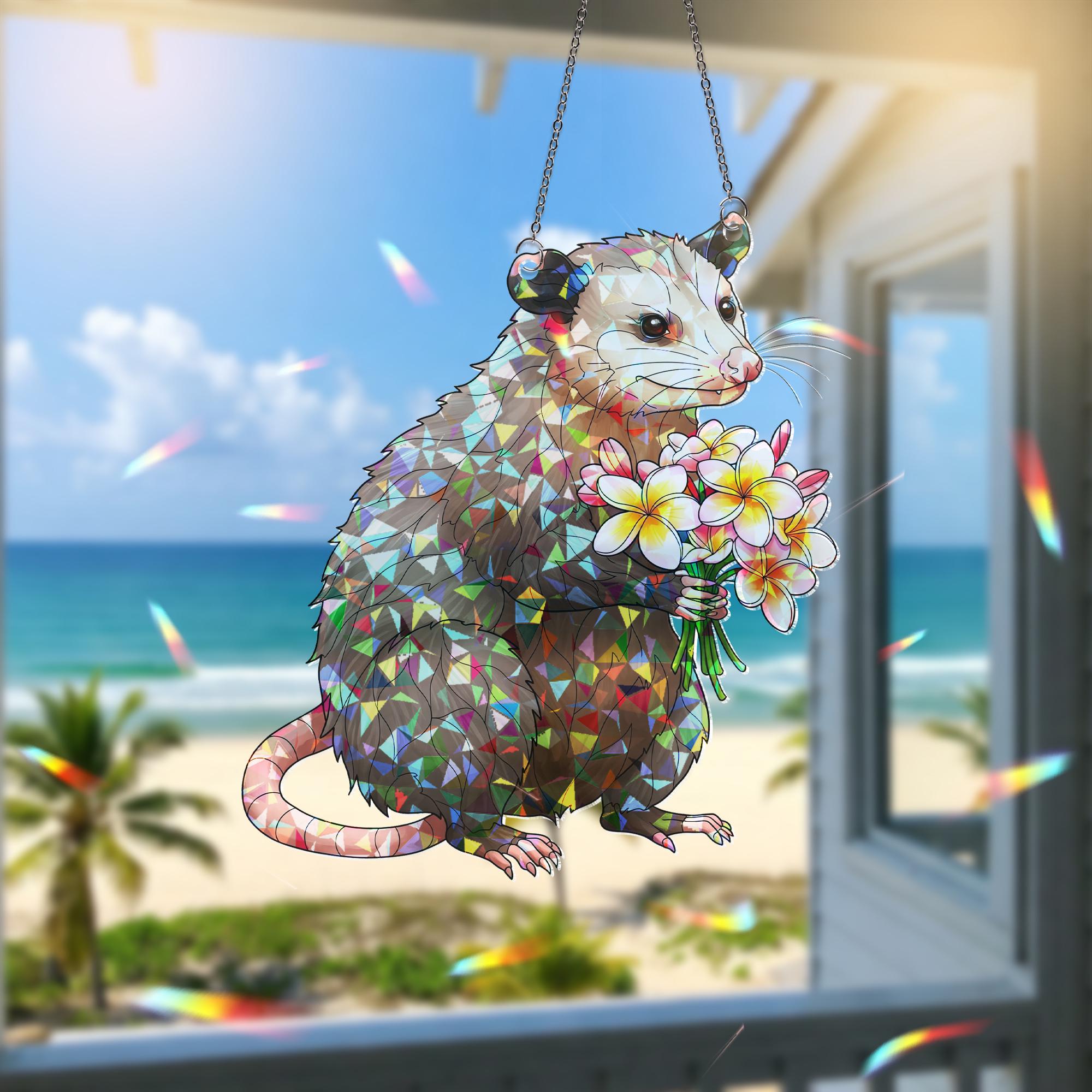 Opossum with Plumeria Bouquet Hologram ACRYLIC Window Hanging, Cute Marsupial Floral Decor, Funny Animal Suncatcher, Gift for Nature Lovers