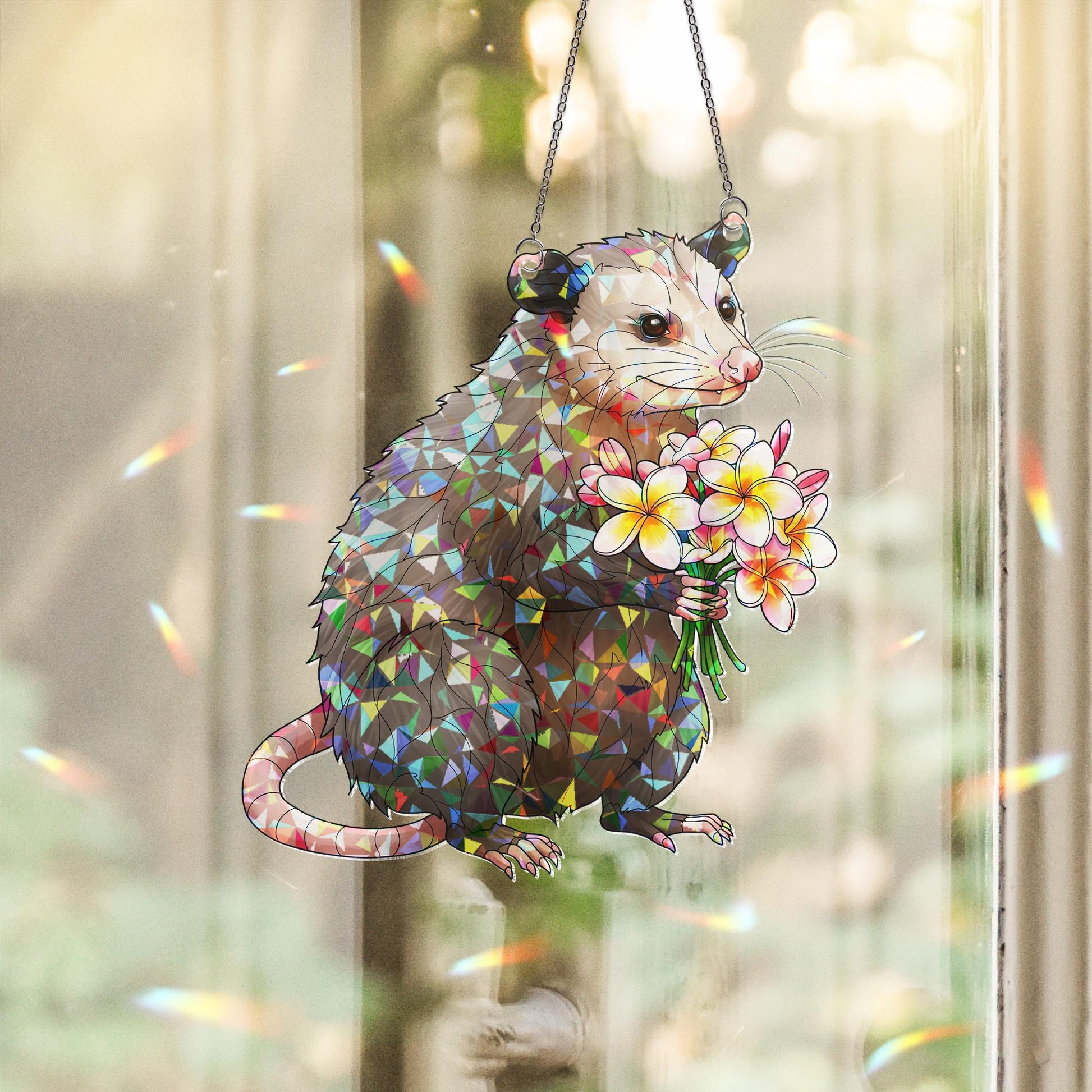 Opossum with Plumeria Bouquet Hologram ACRYLIC Window Hanging, Cute Marsupial Floral Decor, Funny Animal Suncatcher, Gift for Nature Lovers