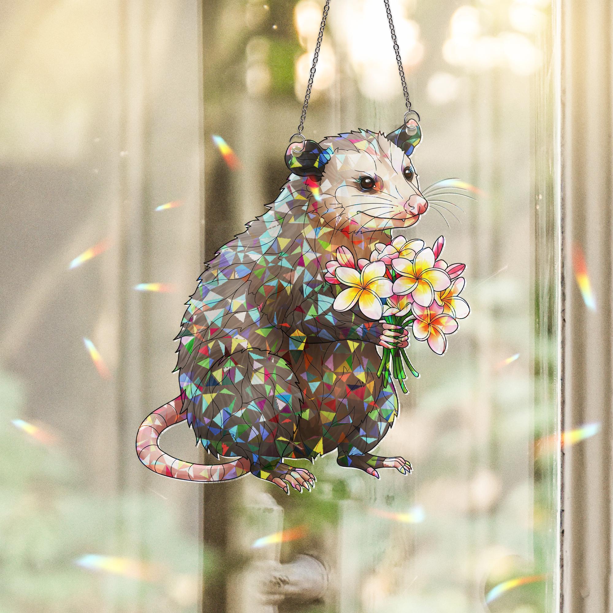 Opossum with Plumeria Bouquet Hologram ACRYLIC Window Hanging, Cute Marsupial Floral Decor, Funny Animal Suncatcher, Gift for Nature Lovers