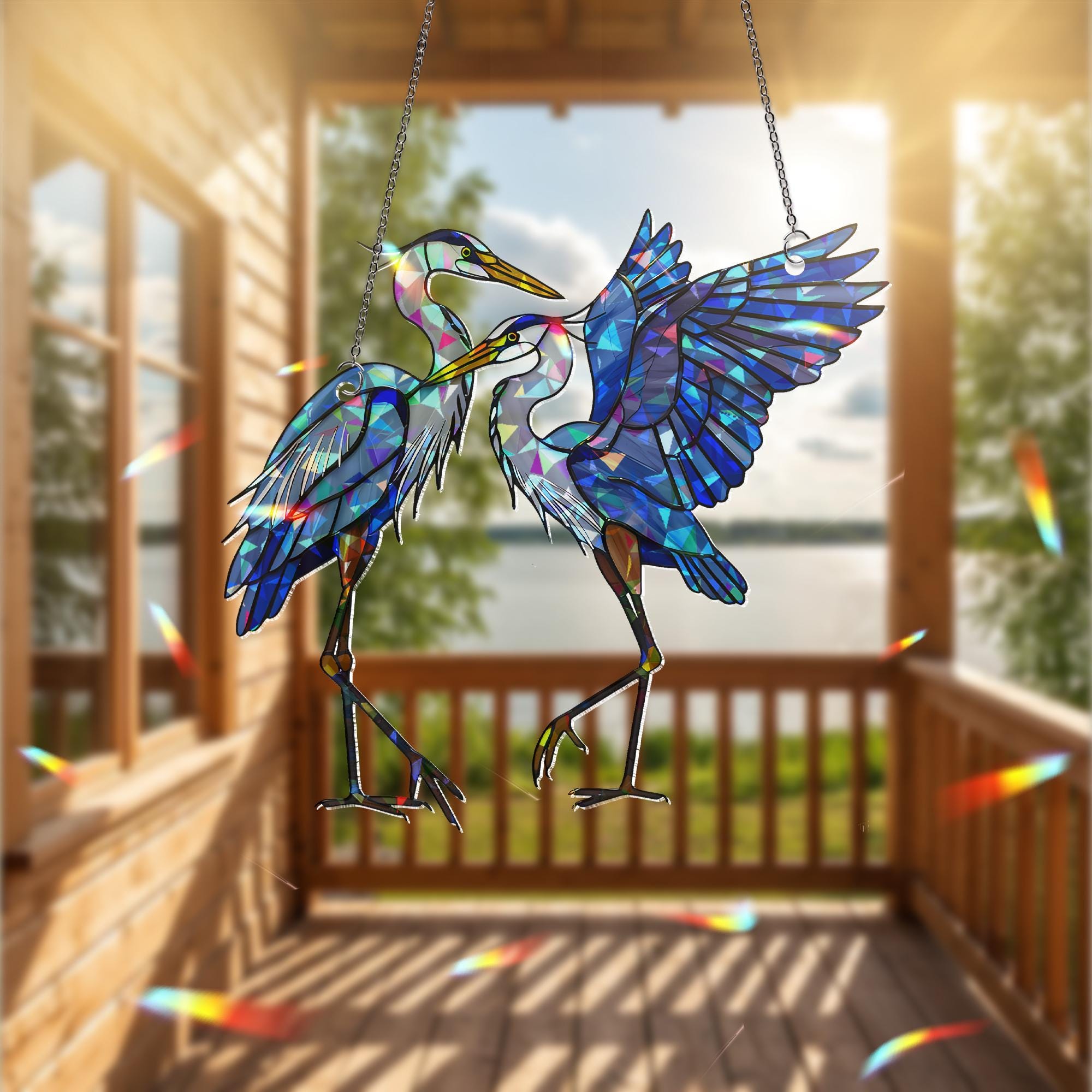 Blue Heron Couple Hologram Acrylic Suncatcher, Holographic Bird Decor, Heron Window Hanging, Nature Lover Gift, Birdwatcher Home Decor