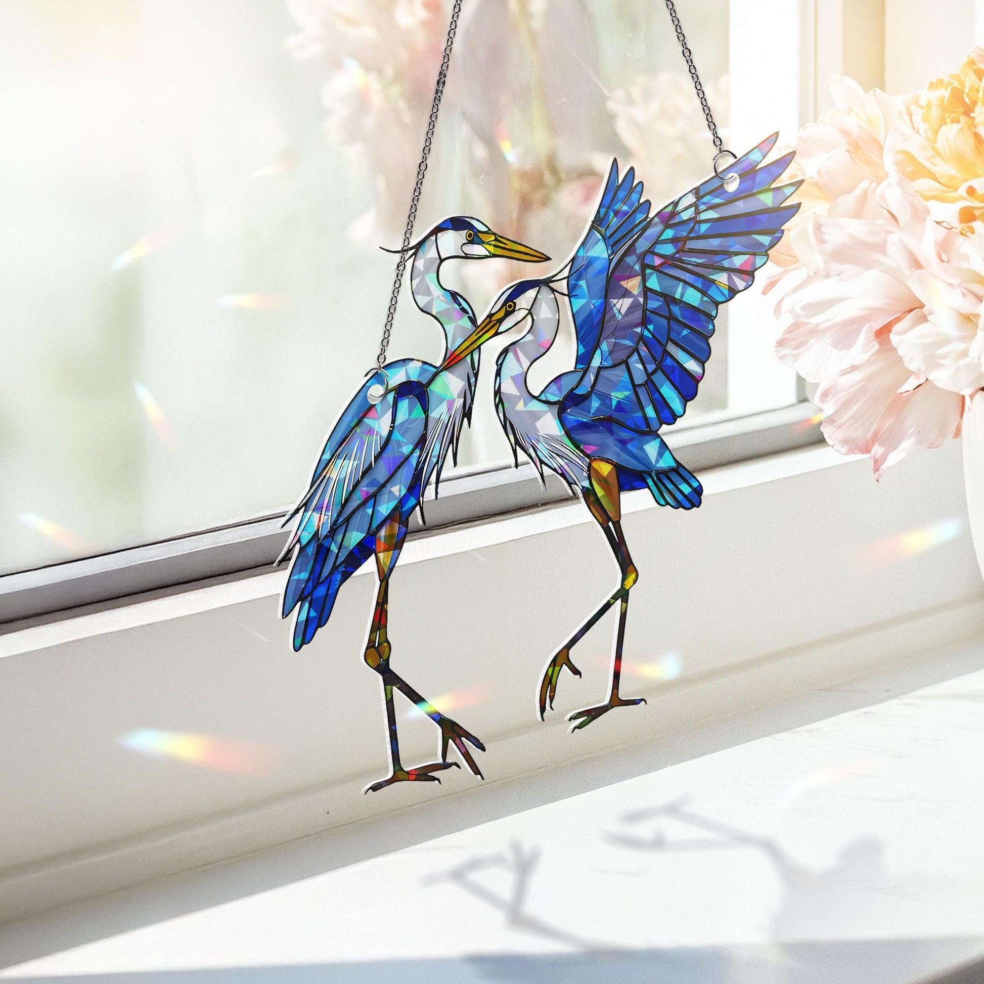 Blue Heron Couple Hologram Acrylic Suncatcher, Holographic Bird Decor, Heron Window Hanging, Nature Lover Gift, Birdwatcher Home Decor