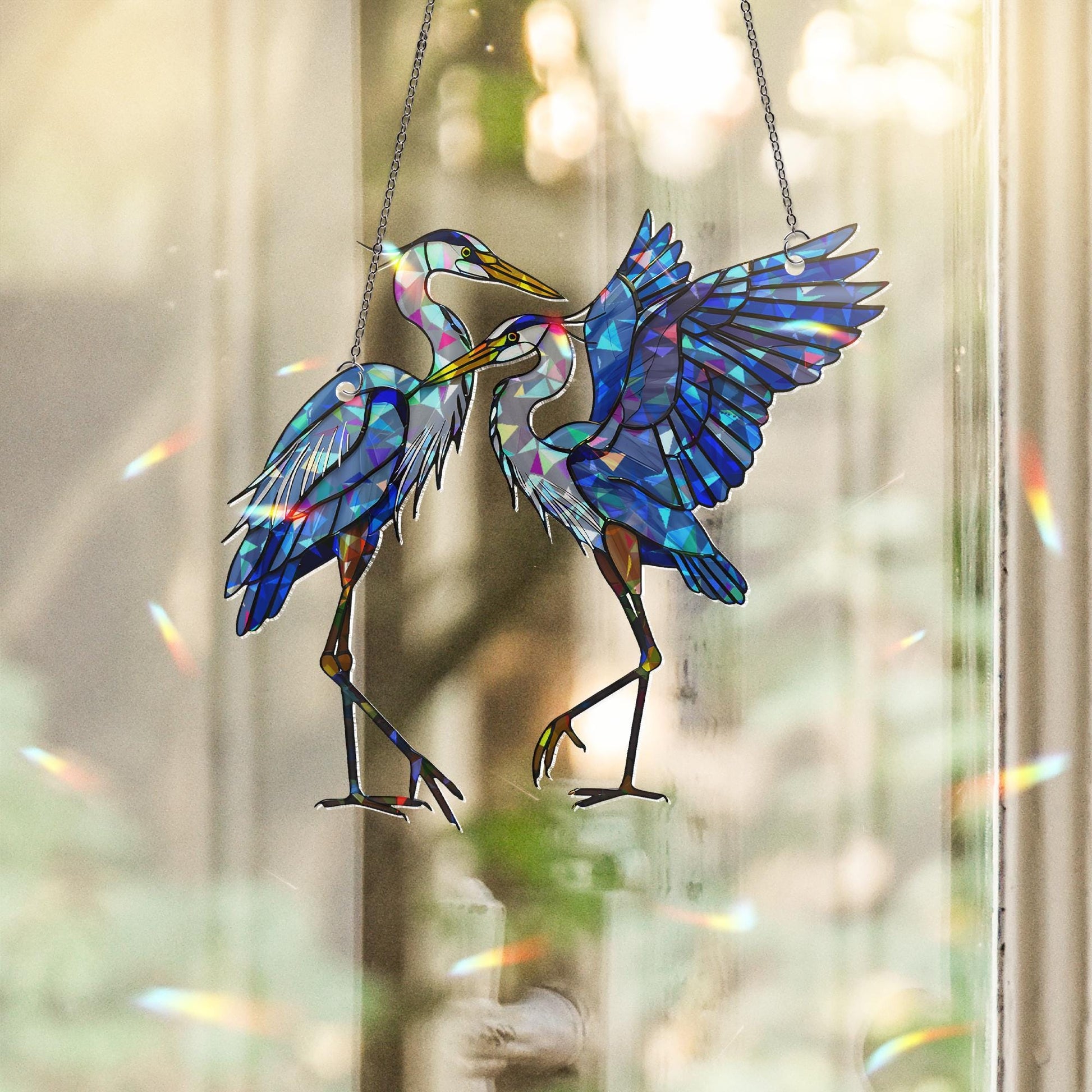 Blue Heron Couple Hologram Acrylic Suncatcher, Holographic Bird Decor, Heron Window Hanging, Nature Lover Gift, Birdwatcher Home Decor
