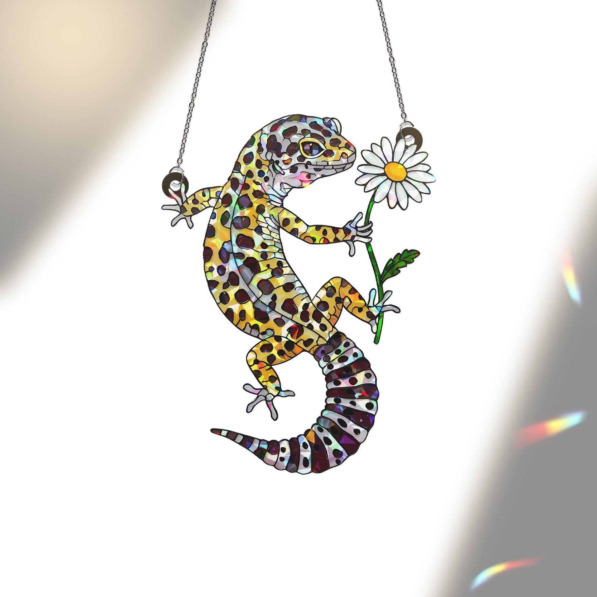 Leopard Gecko With Daisy, Holographic Window Decor, Gecko Suncatcher, Cute Reptile Gift, Daisy Gecko Art, Lizard Lover Gift,Reptile Mom Gift