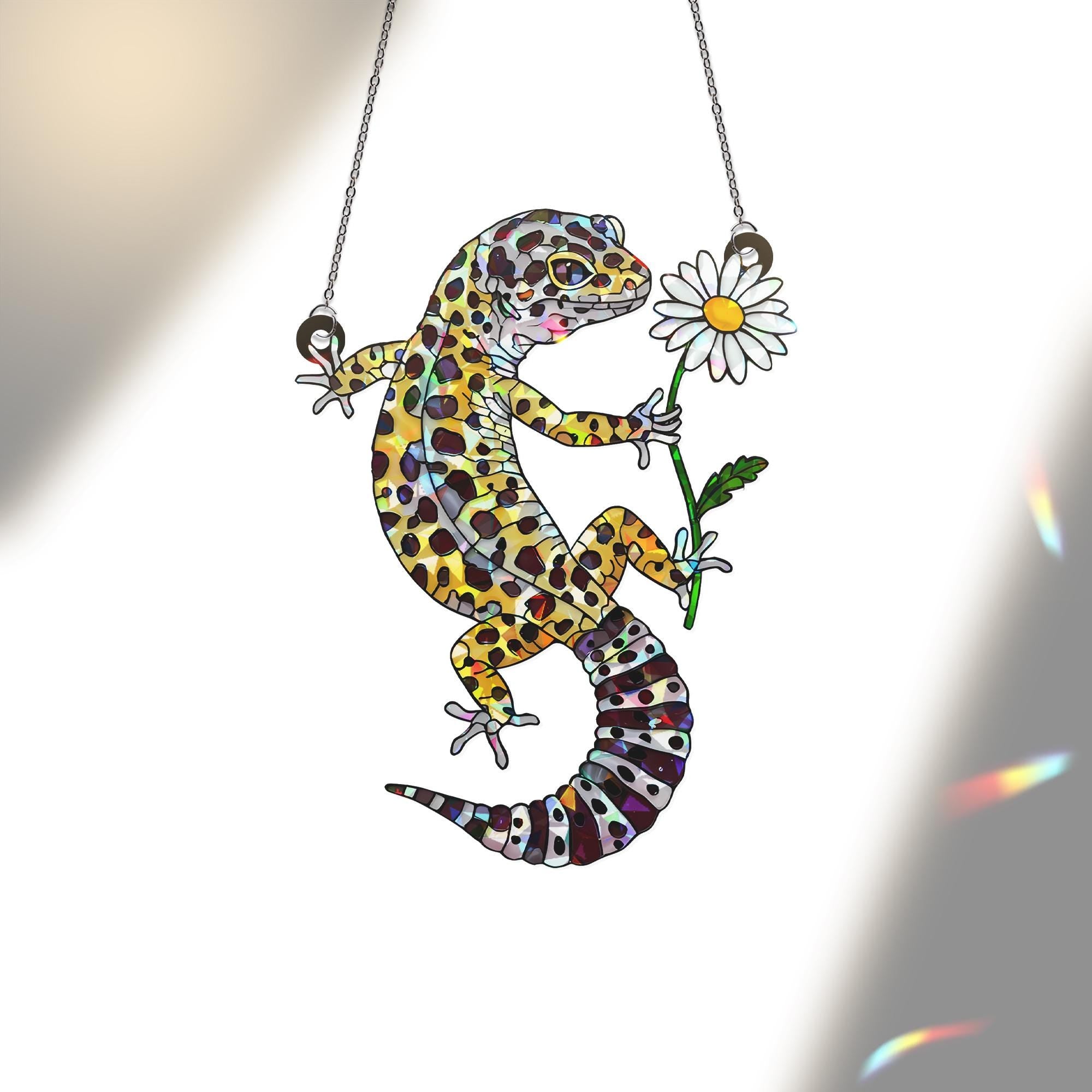 Leopard Gecko With Daisy, Holographic Window Decor, Gecko Suncatcher, Cute Reptile Gift, Daisy Gecko Art, Lizard Lover Gift,Reptile Mom Gift