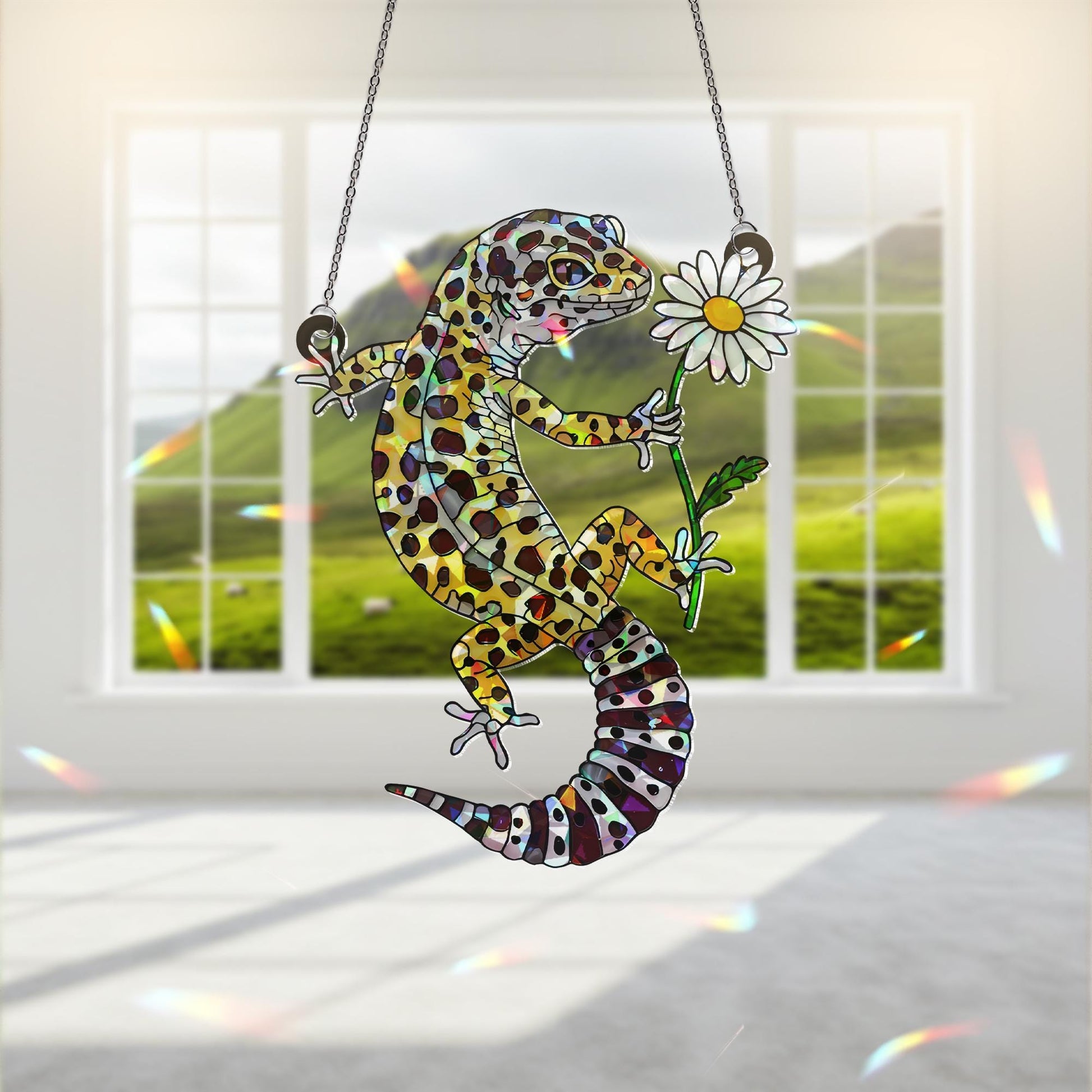 Leopard Gecko With Daisy, Holographic Window Decor, Gecko Suncatcher, Cute Reptile Gift, Daisy Gecko Art, Lizard Lover Gift,Reptile Mom Gift