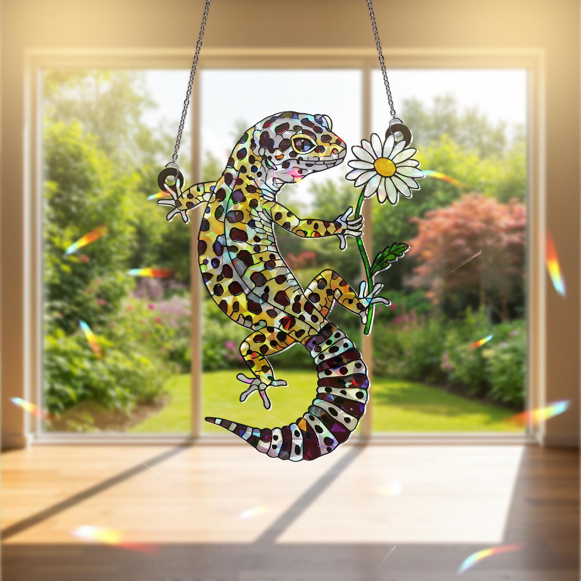 Leopard Gecko With Daisy, Holographic Window Decor, Gecko Suncatcher, Cute Reptile Gift, Daisy Gecko Art, Lizard Lover Gift,Reptile Mom Gift