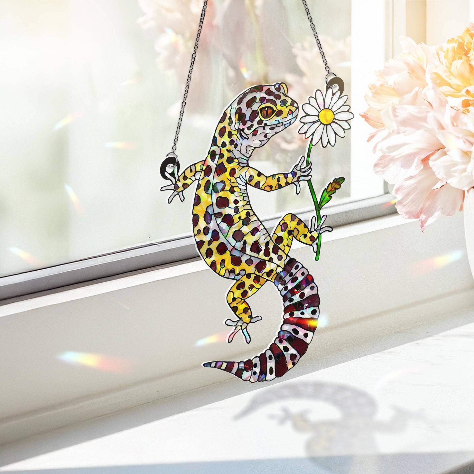 Leopard Gecko With Daisy, Holographic Window Decor, Gecko Suncatcher, Cute Reptile Gift, Daisy Gecko Art, Lizard Lover Gift,Reptile Mom Gift
