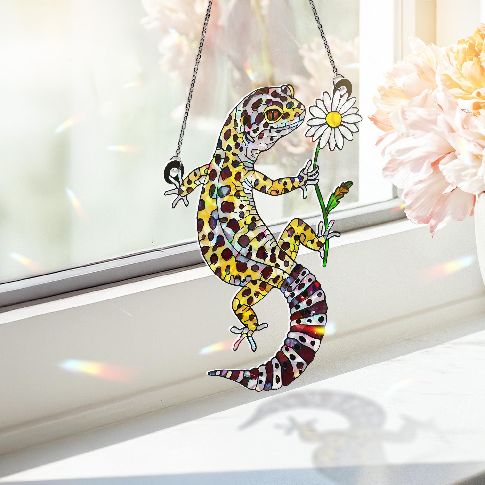 Leopard Gecko With Daisy, Holographic Window Decor, Gecko Suncatcher, Cute Reptile Gift, Daisy Gecko Art, Lizard Lover Gift,Reptile Mom Gift