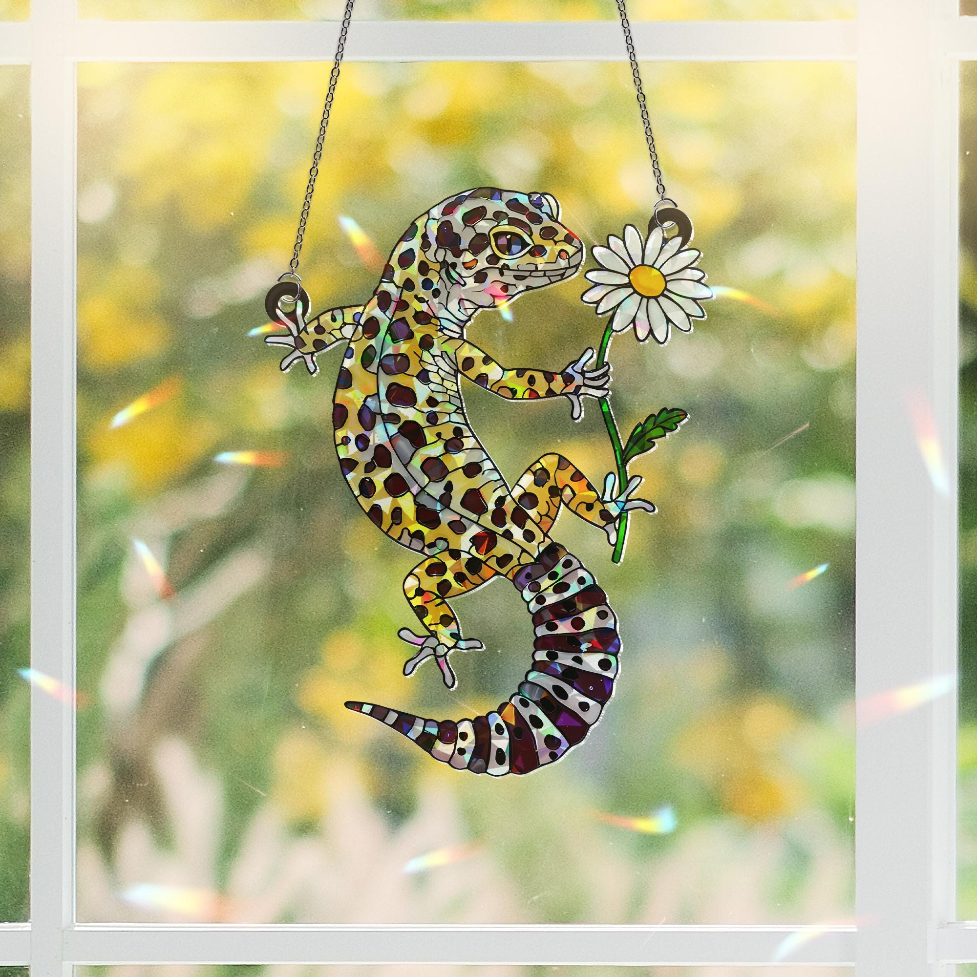 Leopard Gecko With Daisy, Holographic Window Decor, Gecko Suncatcher, Cute Reptile Gift, Daisy Gecko Art, Lizard Lover Gift,Reptile Mom Gift