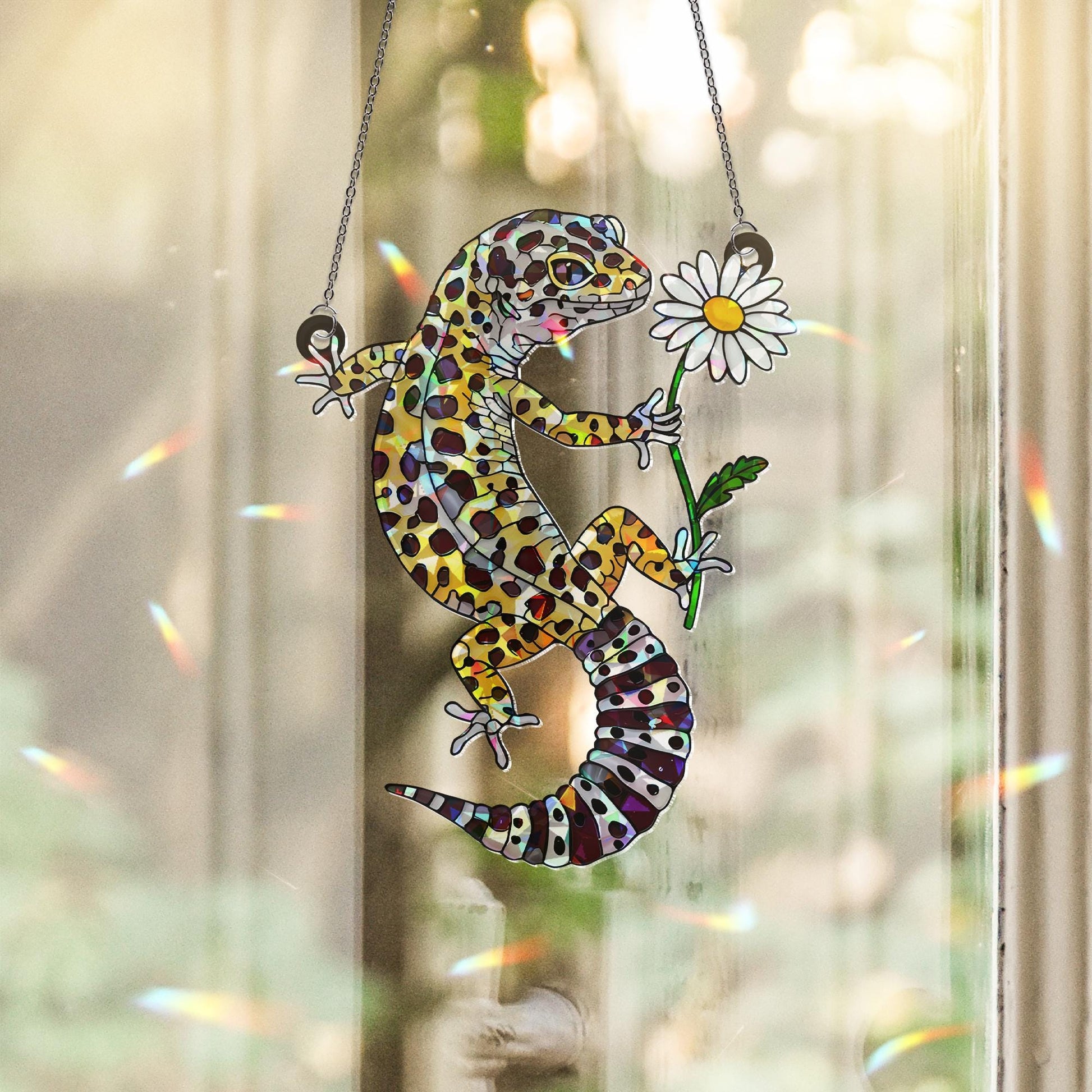 Leopard Gecko With Daisy, Holographic Window Decor, Gecko Suncatcher, Cute Reptile Gift, Daisy Gecko Art, Lizard Lover Gift,Reptile Mom Gift