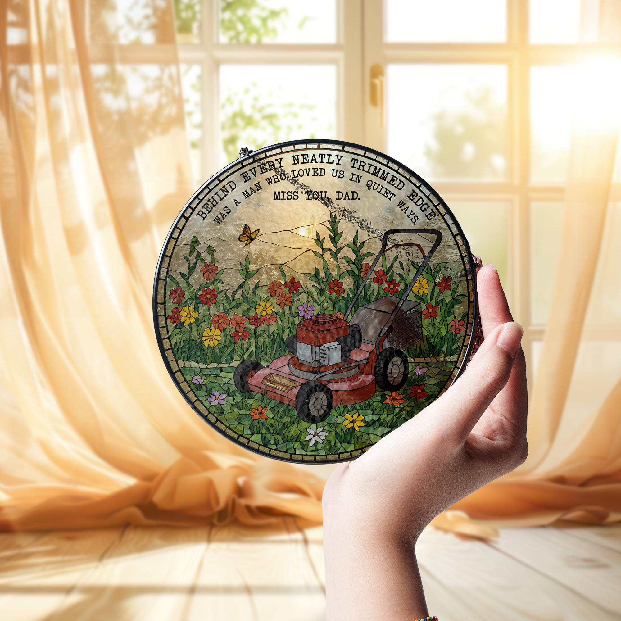 Father’s Day Memorial Suncatcher, Lawn Mower Glass Plaque, Dad Remembrance Gift, Garden Decor, In Memory of Dad, Stained Glass Art