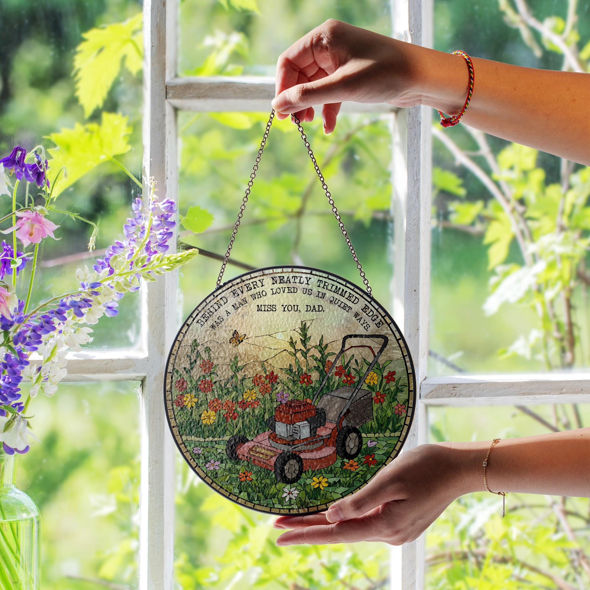 Father’s Day Memorial Suncatcher, Lawn Mower Glass Plaque, Dad Remembrance Gift, Garden Decor, In Memory of Dad, Stained Glass Art