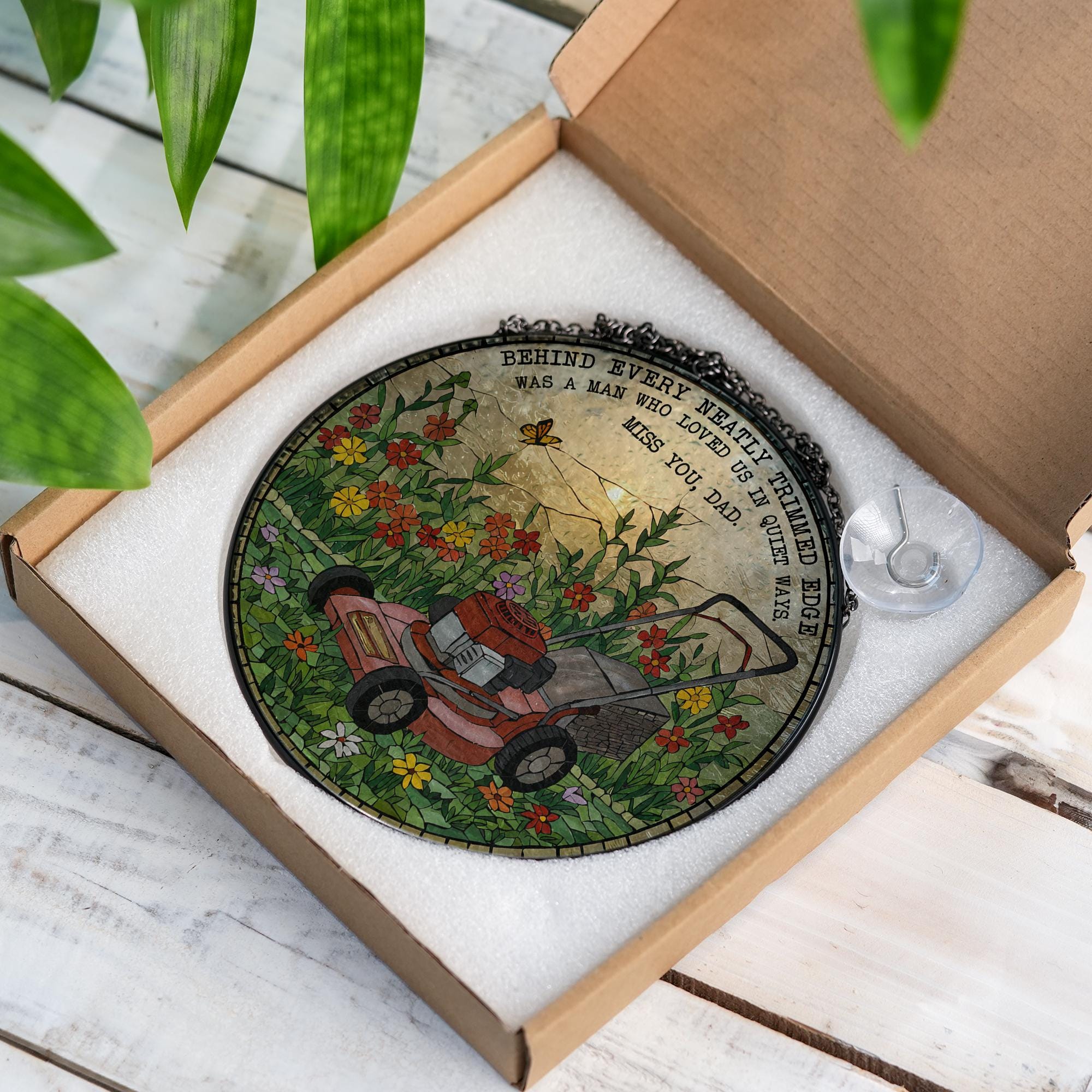 Father’s Day Memorial Suncatcher, Lawn Mower Glass Plaque, Dad Remembrance Gift, Garden Decor, In Memory of Dad, Stained Glass Art