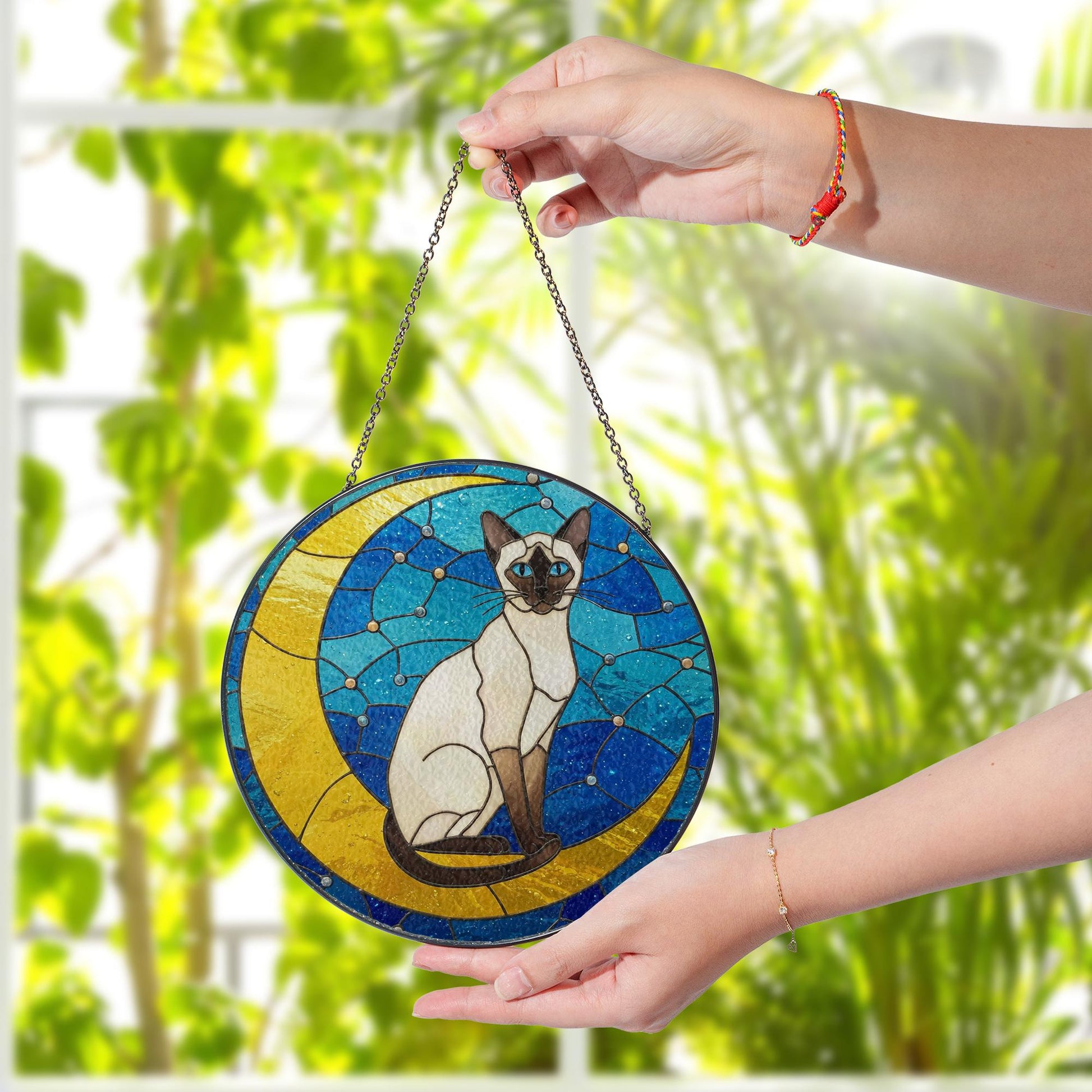 Cat On Moon Glass Suncatcher Hanging | Siamese Cat Ornament |  Siamese Cat Gift | Home Decor for Cat Lovers | Cat Mom Gift