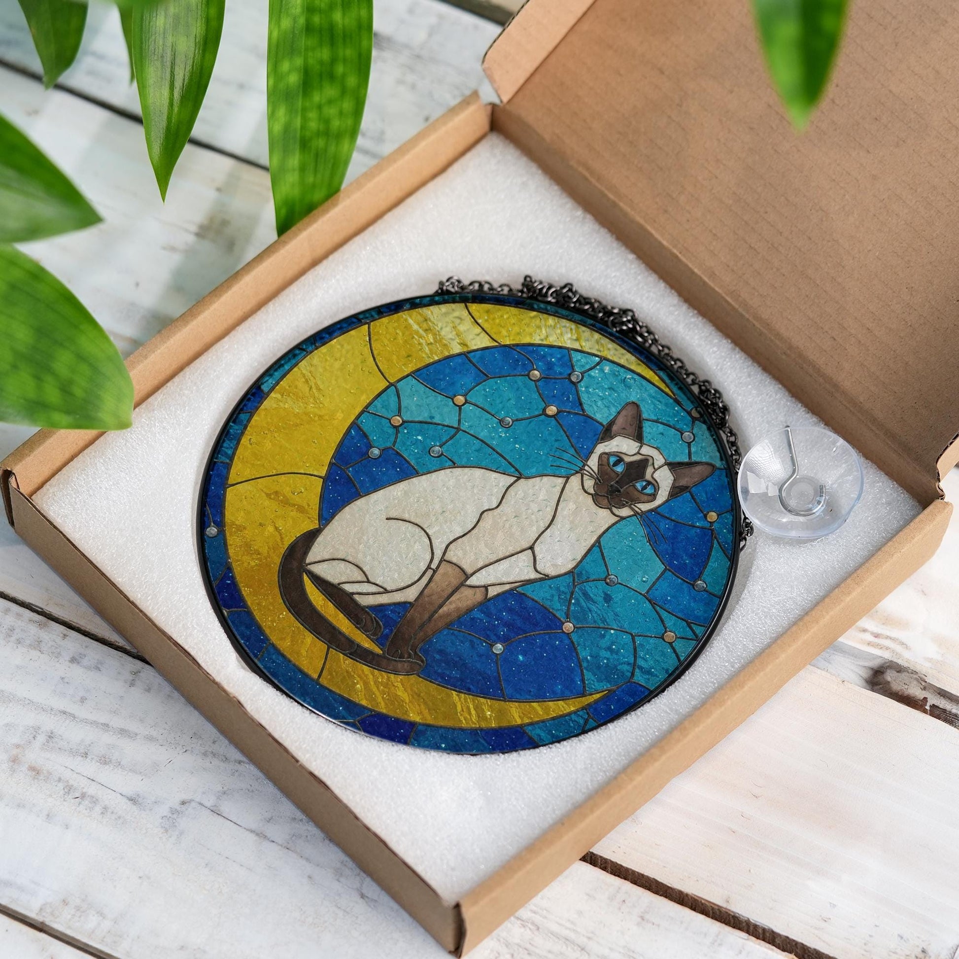 Cat On Moon Glass Suncatcher Hanging | Siamese Cat Ornament |  Siamese Cat Gift | Home Decor for Cat Lovers | Cat Mom Gift