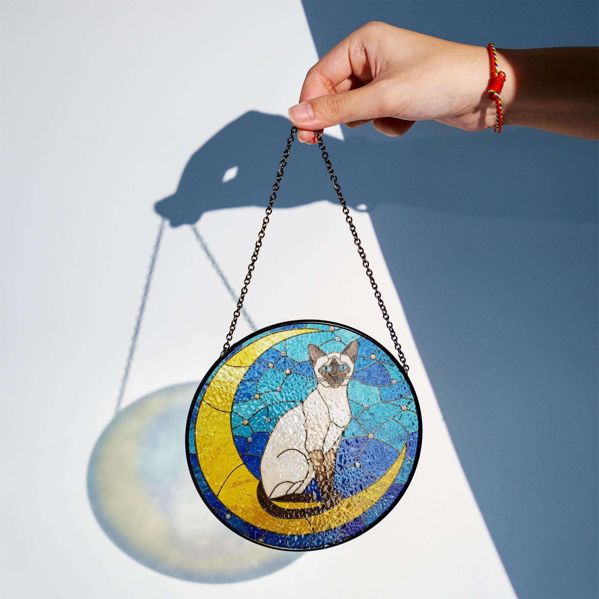 Cat On Moon Glass Suncatcher Hanging | Siamese Cat Ornament |  Siamese Cat Gift | Home Decor for Cat Lovers | Cat Mom Gift