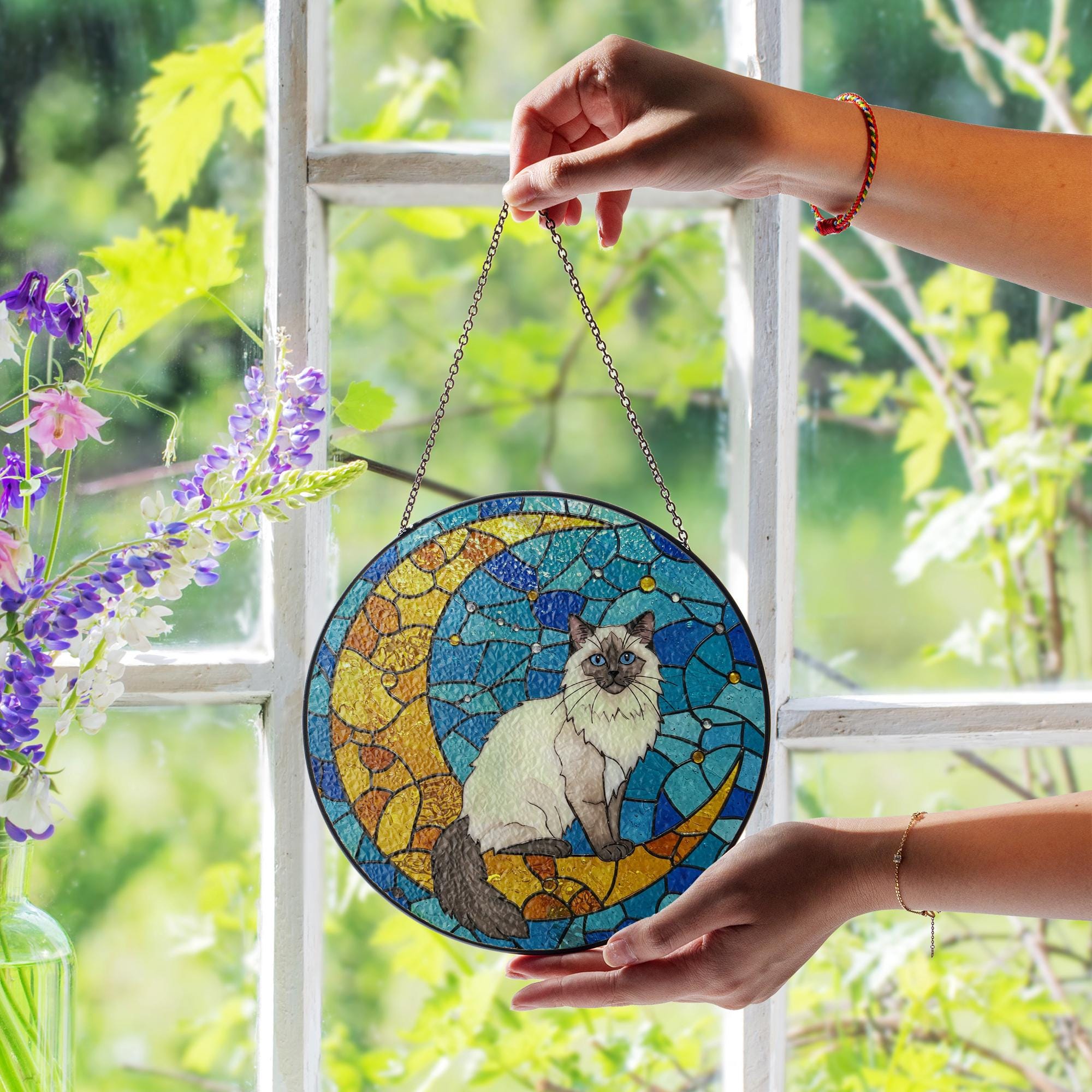 Cat On Moon Glass Suncatcher Hanging | Ragdoll Cat Ornament |  Ragdoll Cat Gift | Home Decor for Cat Lovers | Cat Mom Gift