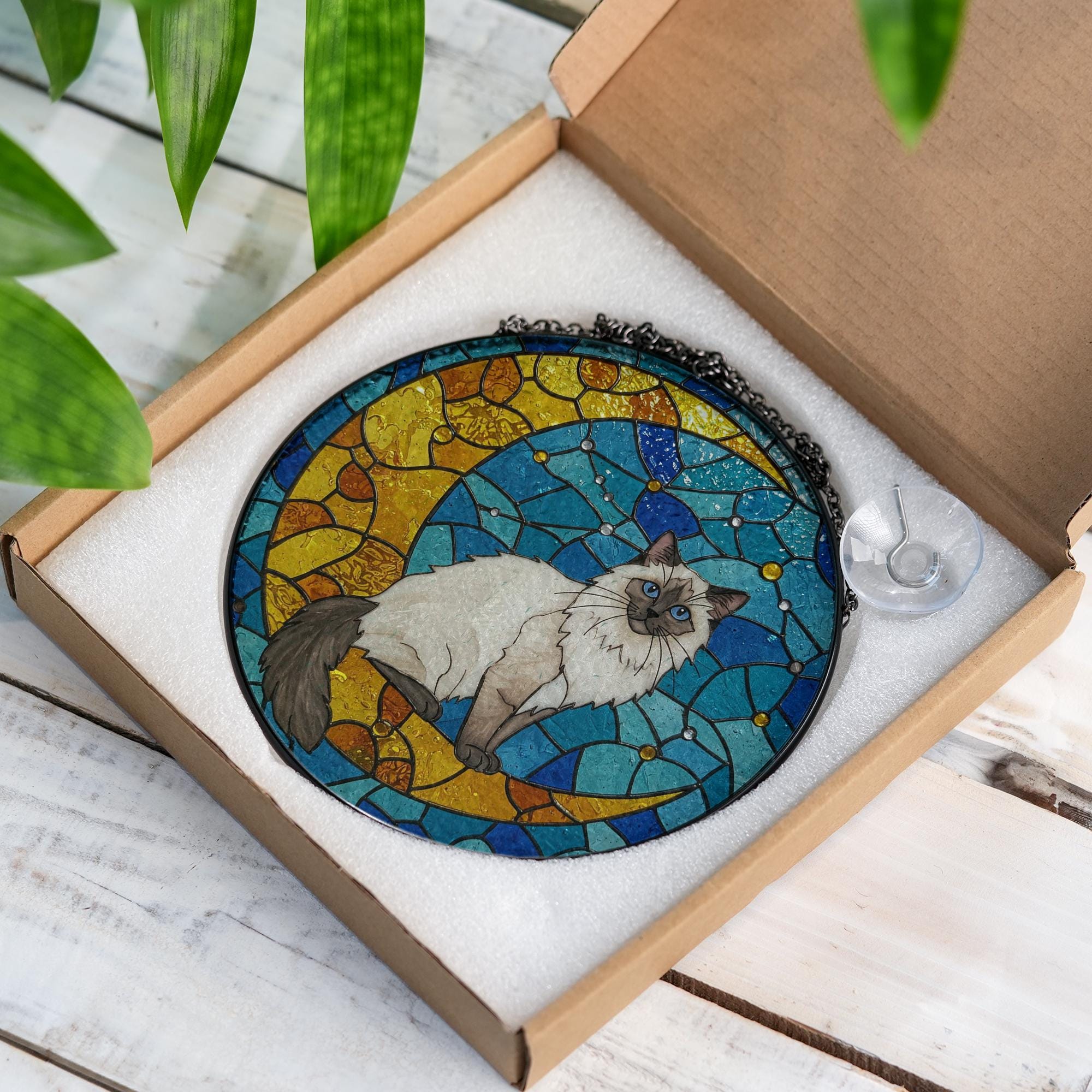 Cat On Moon Glass Suncatcher Hanging | Ragdoll Cat Ornament |  Ragdoll Cat Gift | Home Decor for Cat Lovers | Cat Mom Gift