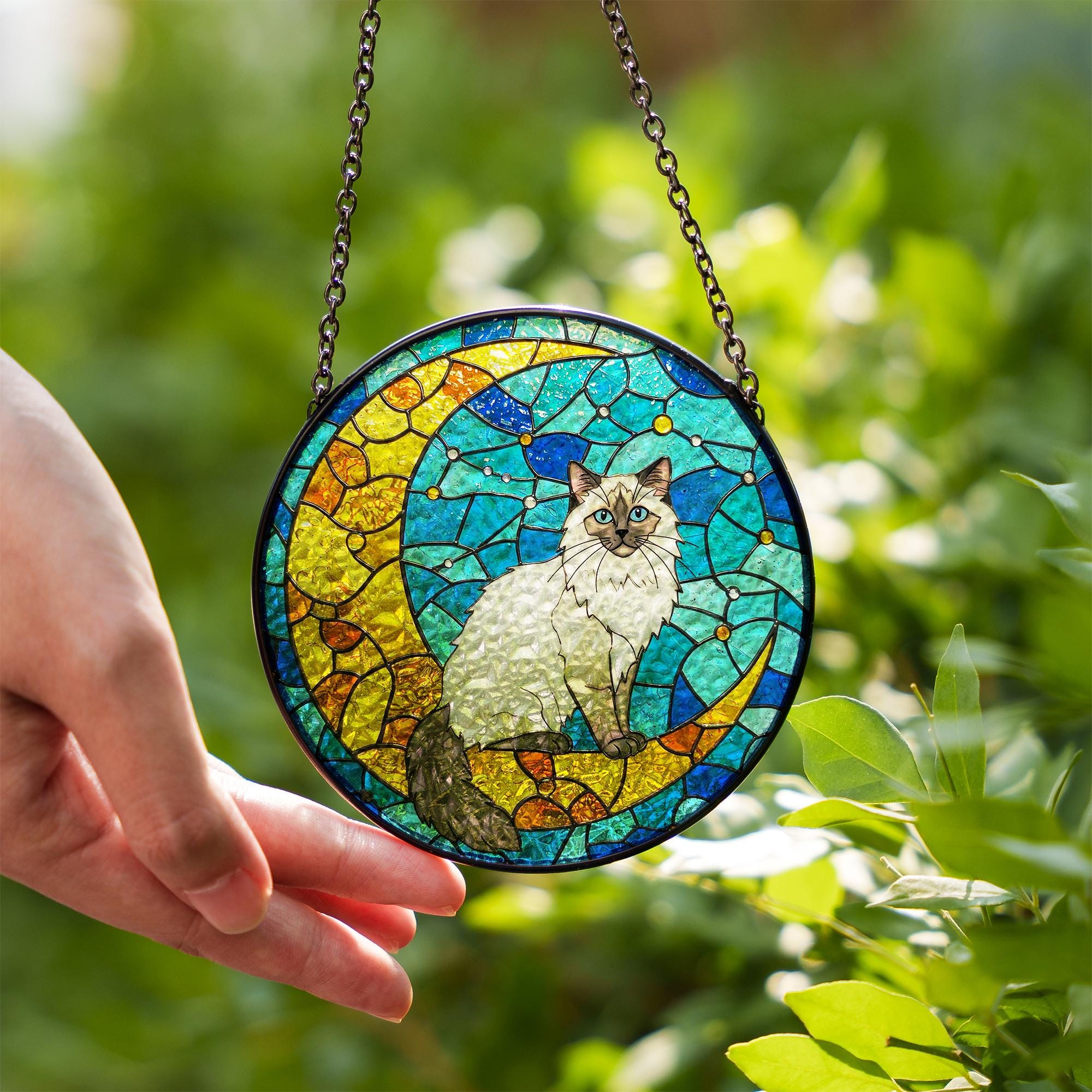 Cat On Moon Glass Suncatcher Hanging | Ragdoll Cat Ornament |  Ragdoll Cat Gift | Home Decor for Cat Lovers | Cat Mom Gift