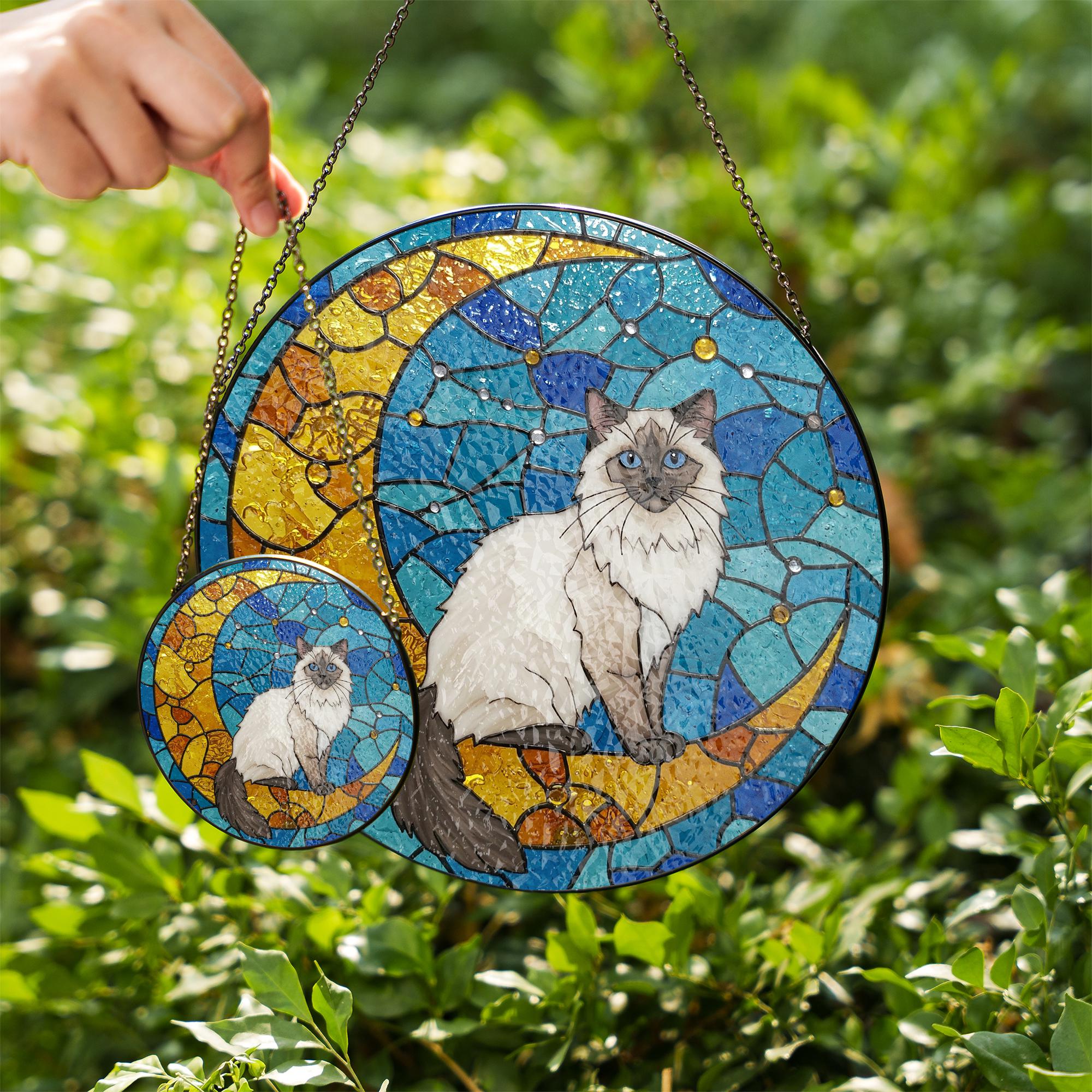 Cat On Moon Glass Suncatcher Hanging | Ragdoll Cat Ornament |  Ragdoll Cat Gift | Home Decor for Cat Lovers | Cat Mom Gift