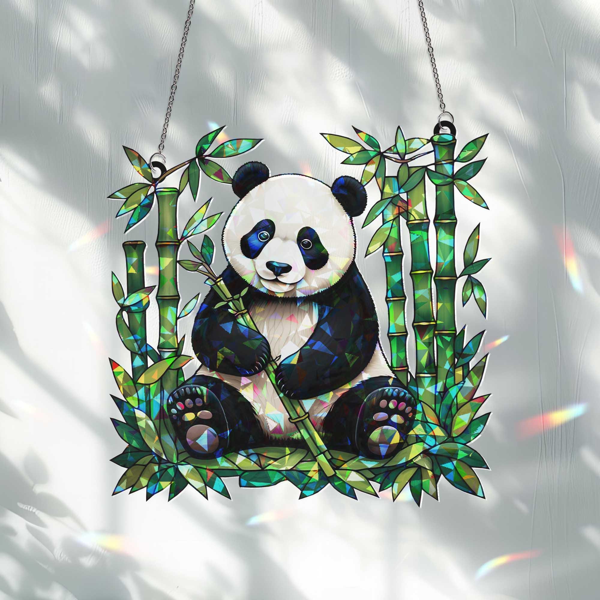 Panda With Bamboo Hologram Window Hanging | Panda Suncatcher Decor for Animal Lovers | Cute Wildlife Art for Home, Decor Home Gift