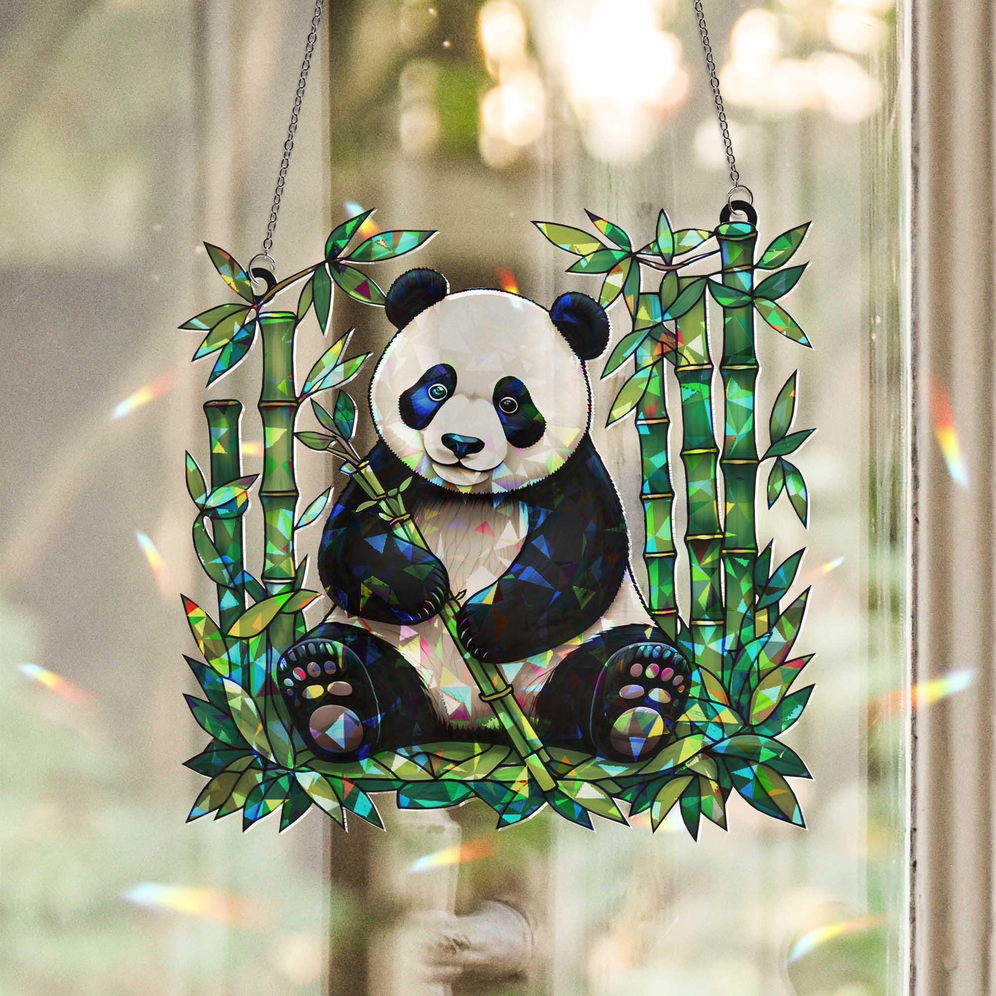 Panda With Bamboo Hologram Window Hanging | Panda Suncatcher Decor for Animal Lovers | Cute Wildlife Art for Home, Decor Home Gift