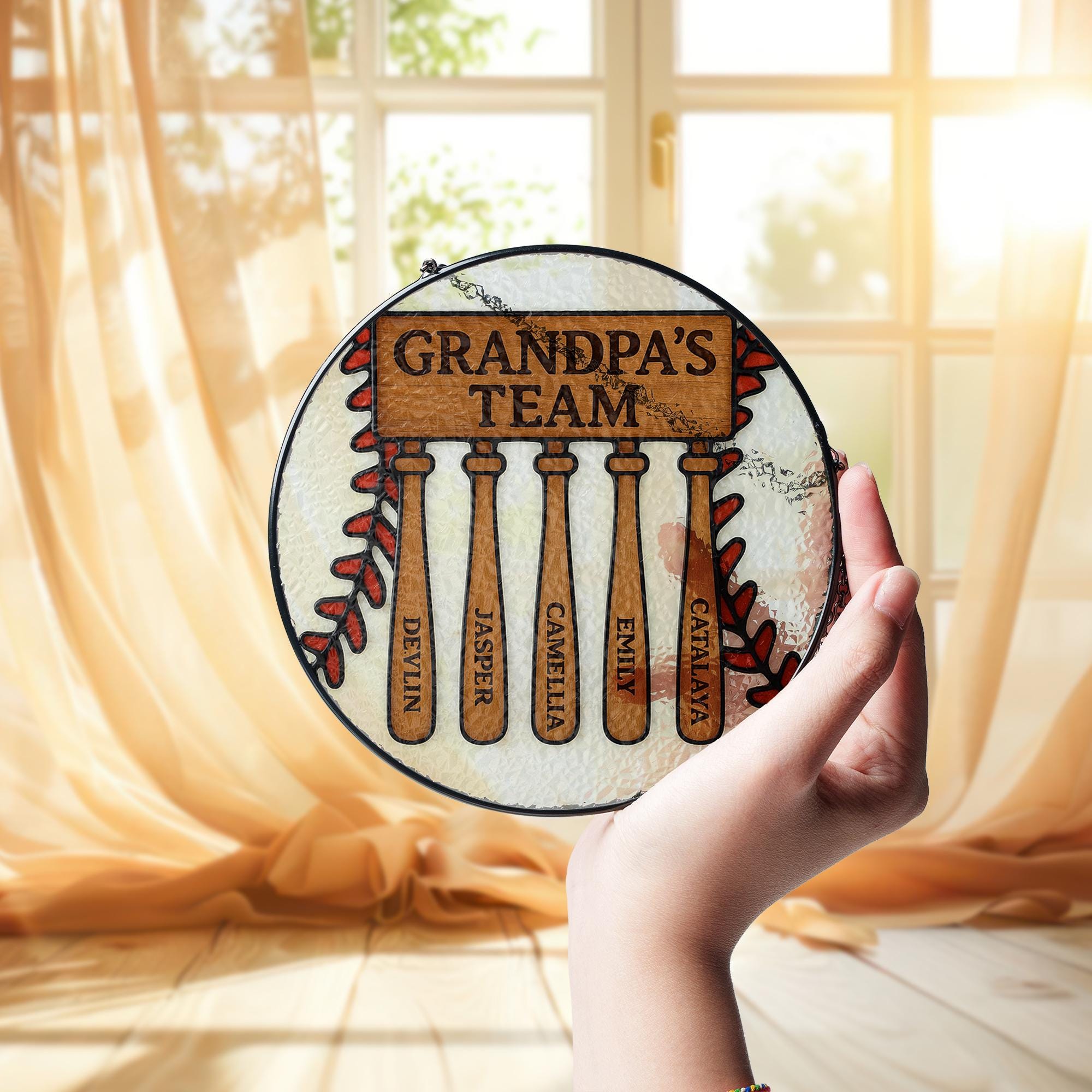 Custom Grandpa Team Suncatcher | Personalized Father's Day Gift | Baseball Bat Family Names Glass Sign | Dad Papa Keepsake Decor