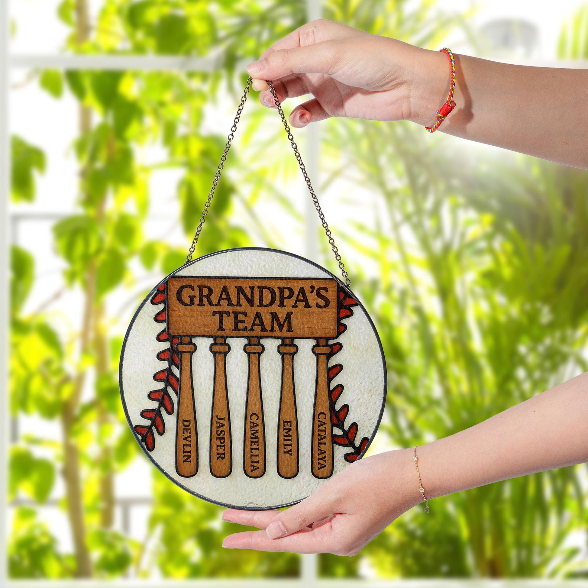 Custom Grandpa Team Suncatcher | Personalized Father's Day Gift | Baseball Bat Family Names Glass Sign | Dad Papa Keepsake Decor