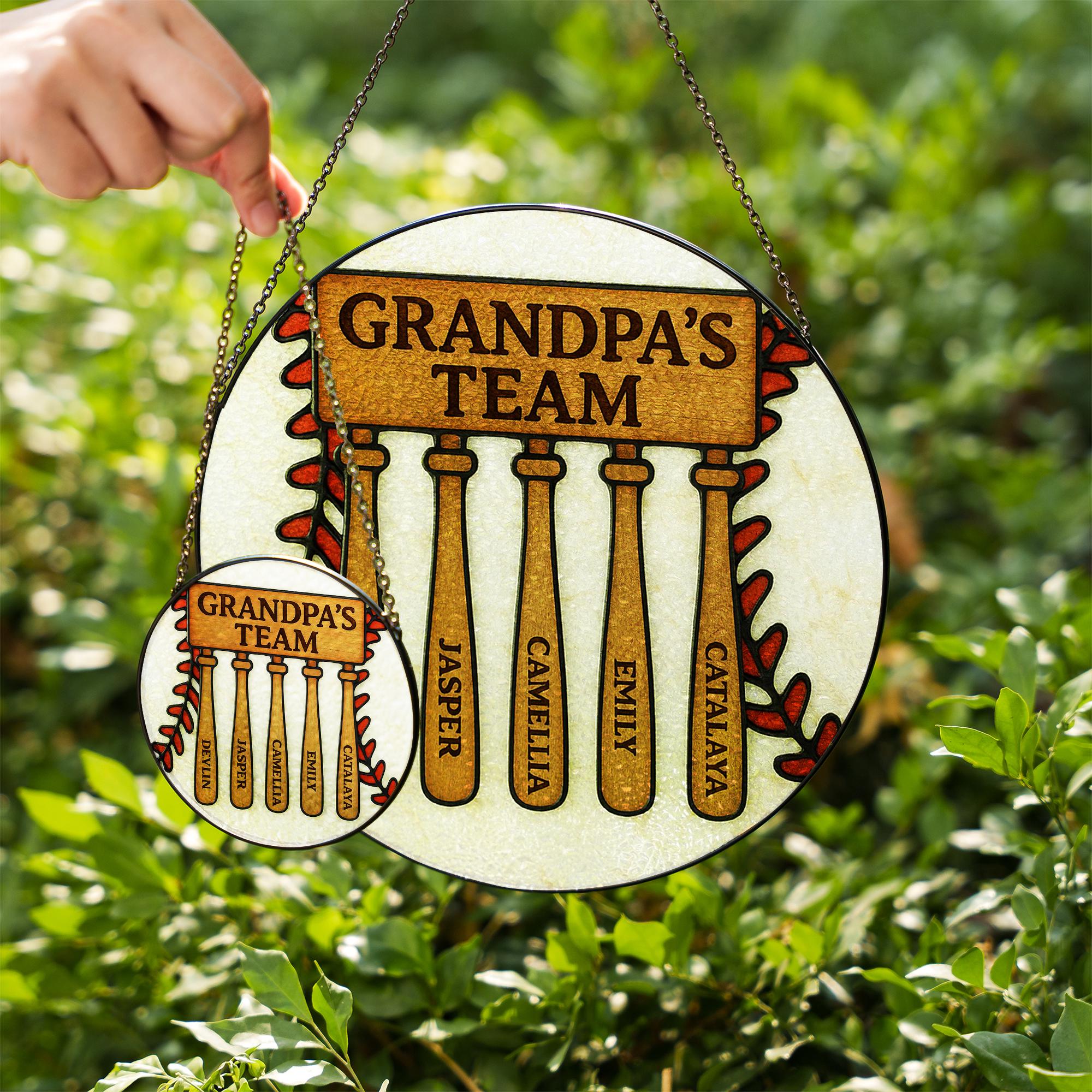 Custom Grandpa Team Suncatcher | Personalized Father's Day Gift | Baseball Bat Family Names Glass Sign | Dad Papa Keepsake Decor