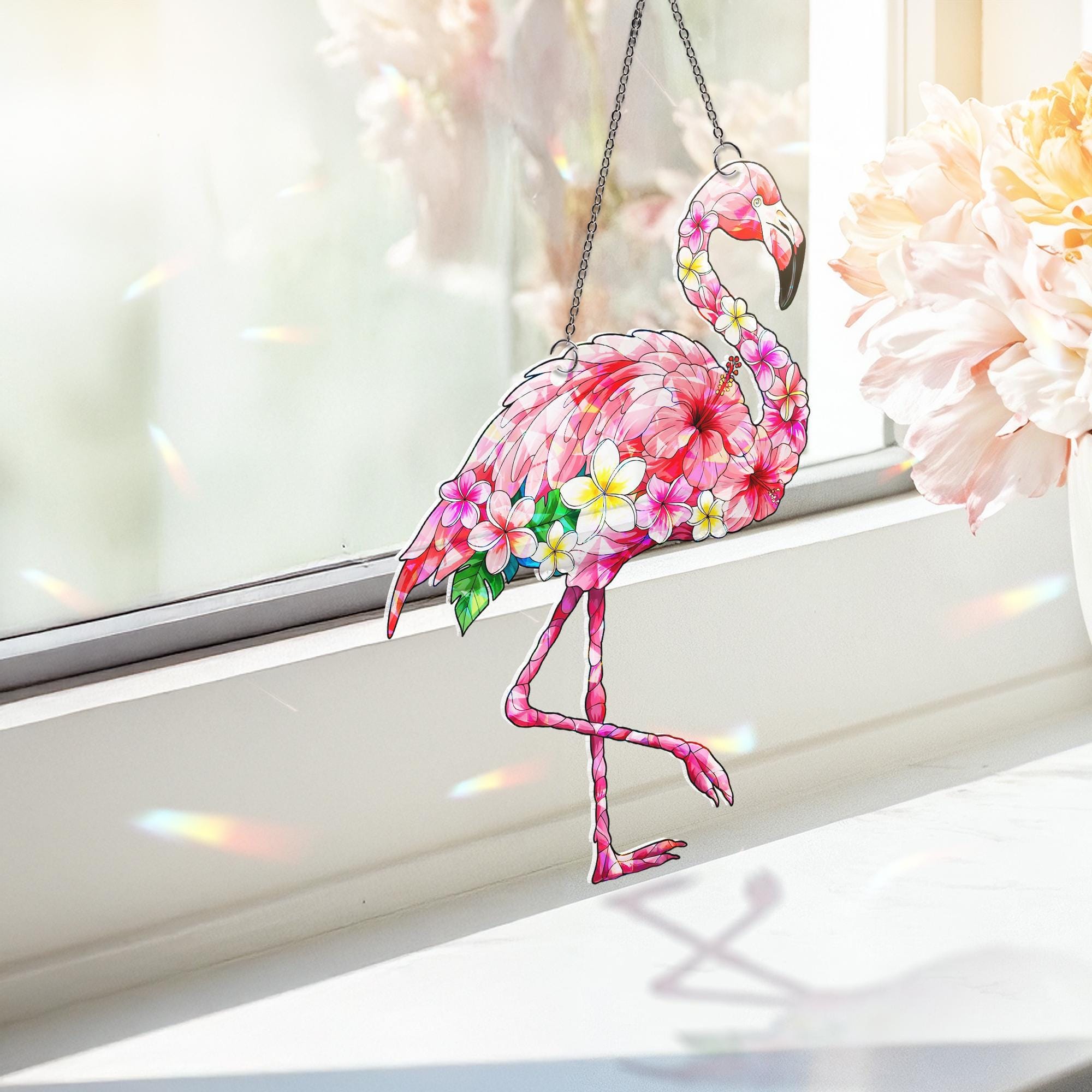 Flamingo Floral Suncatcher | Summer Window Decor | Holographic Acrylic Hanging Sun Catcher | Tropical Bird Gift | Boho Garden Decor