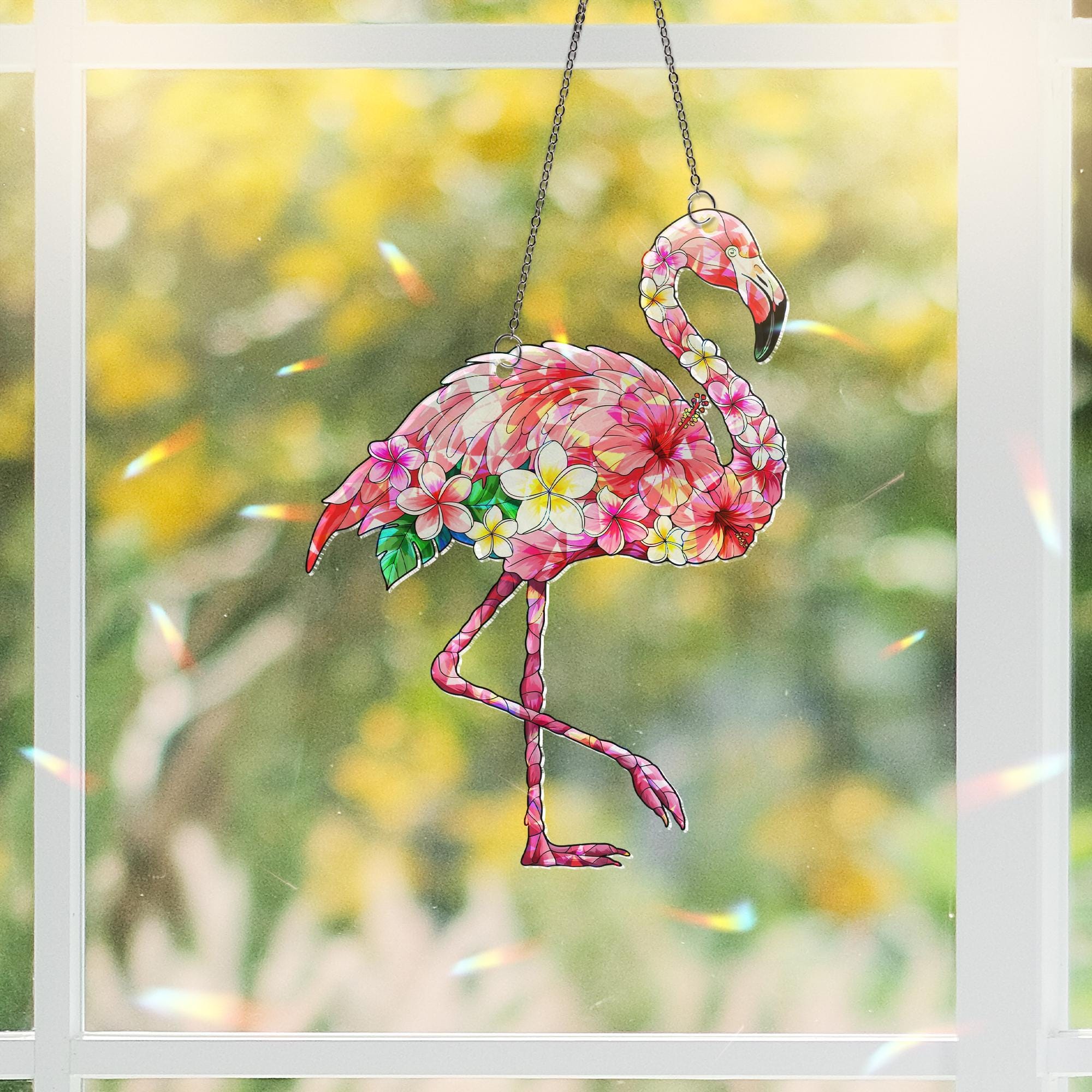 Flamingo Floral Suncatcher | Summer Window Decor | Holographic Acrylic Hanging Sun Catcher | Tropical Bird Gift | Boho Garden Decor