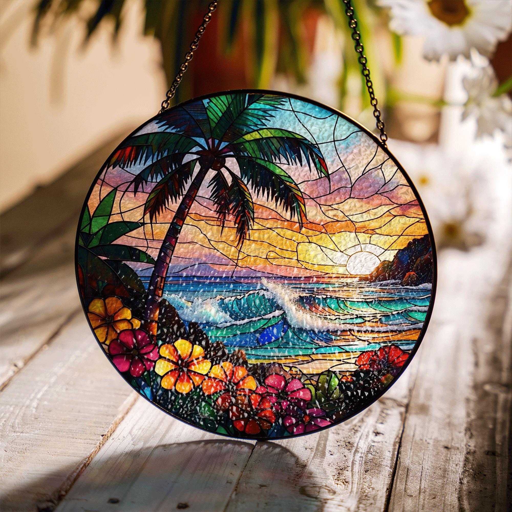 Tropical Beach Sunset Glass Suncatcher – Ocean Wave Palm Tree Stained Glass Window Hanging Decor for Summer Home Vibes