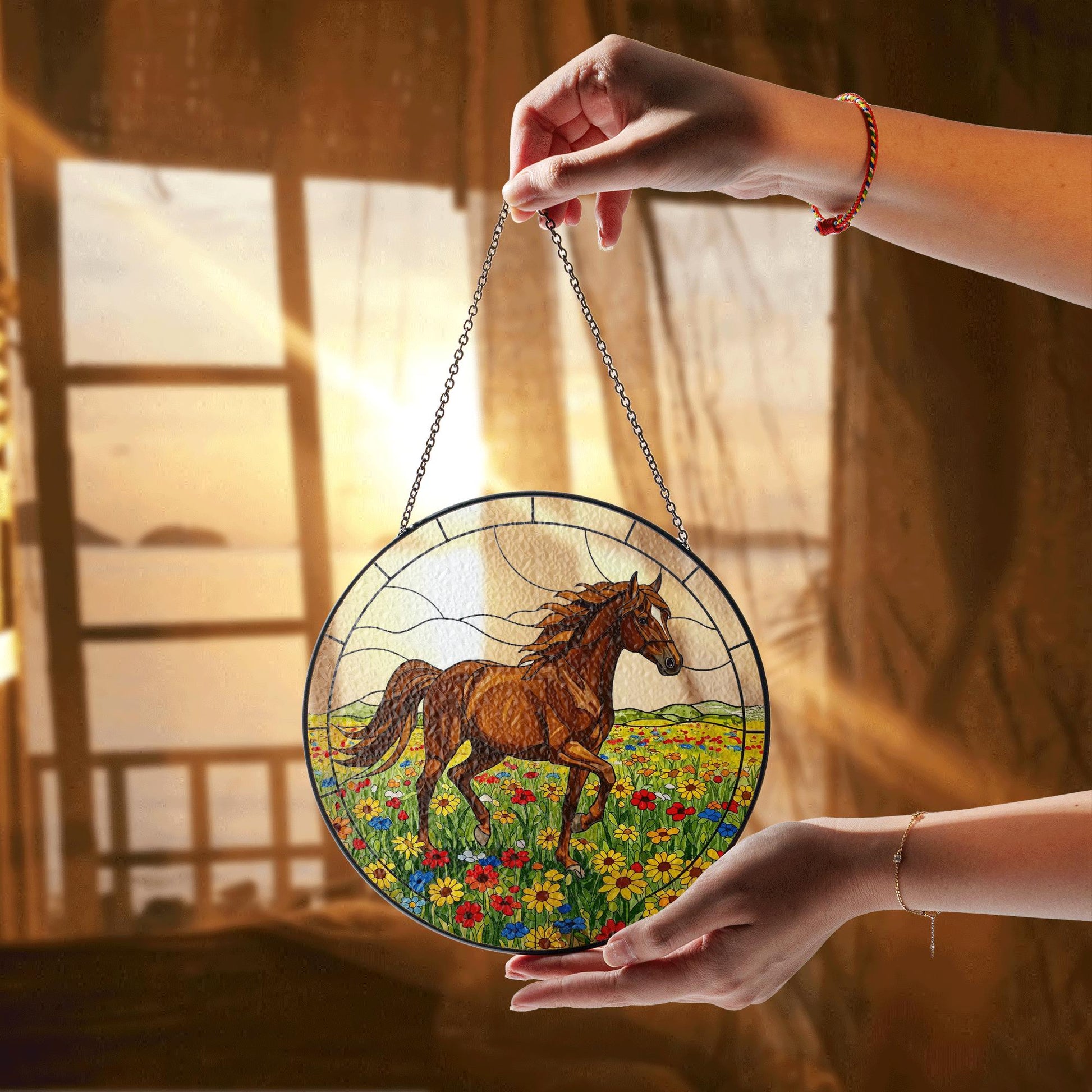 Horse Glass Suncatcher – Stained Glass Window Hanging with Running Horse in Flower Field, Equestrian Home Decor, Western Gift Idea