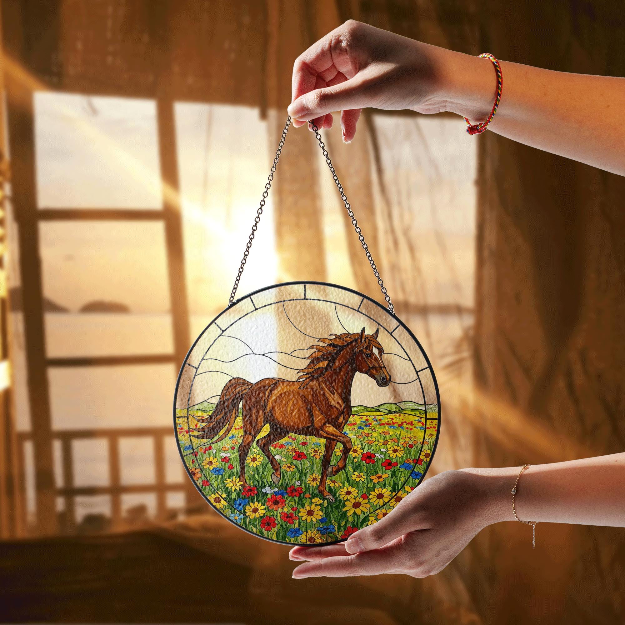 Horse Glass Suncatcher – Stained Glass Window Hanging with Running Horse in Flower Field, Equestrian Home Decor, Western Gift Idea