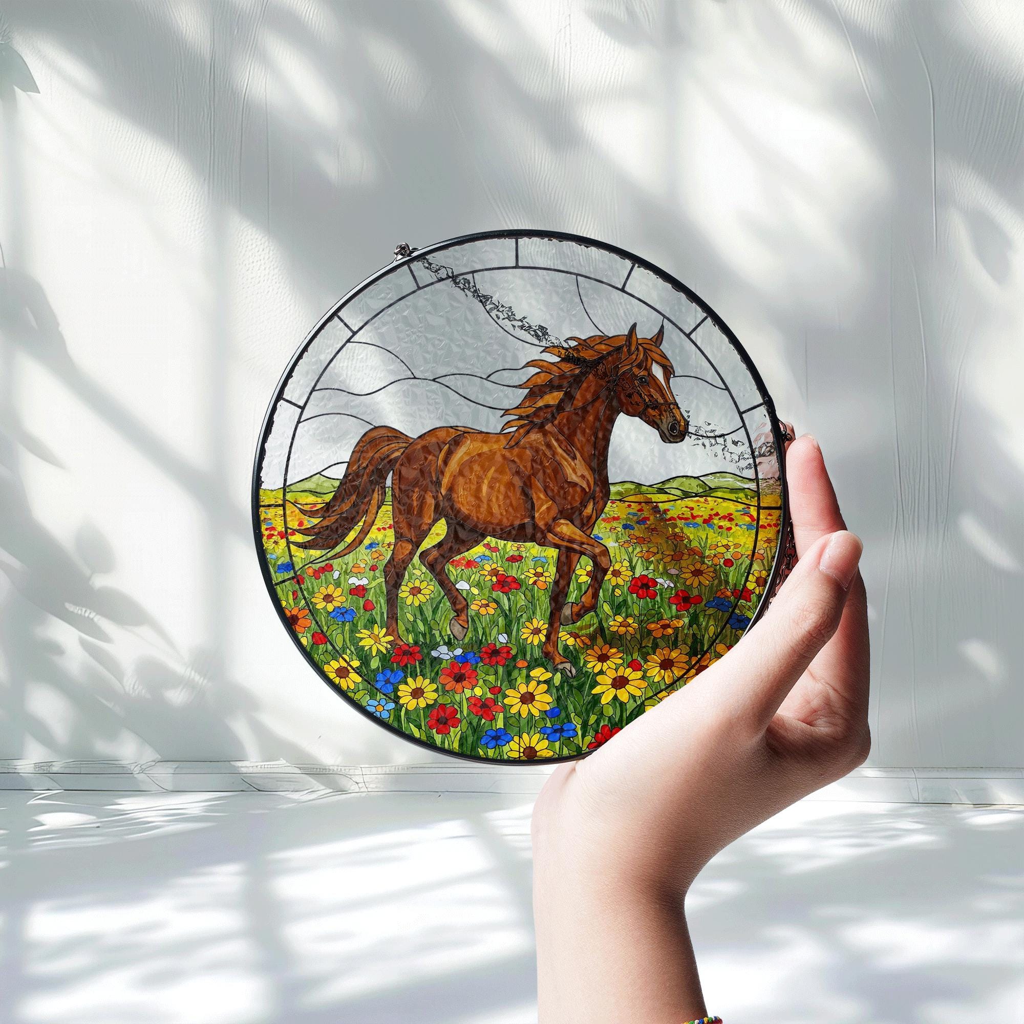 Horse Glass Suncatcher – Stained Glass Window Hanging with Running Horse in Flower Field, Equestrian Home Decor, Western Gift Idea