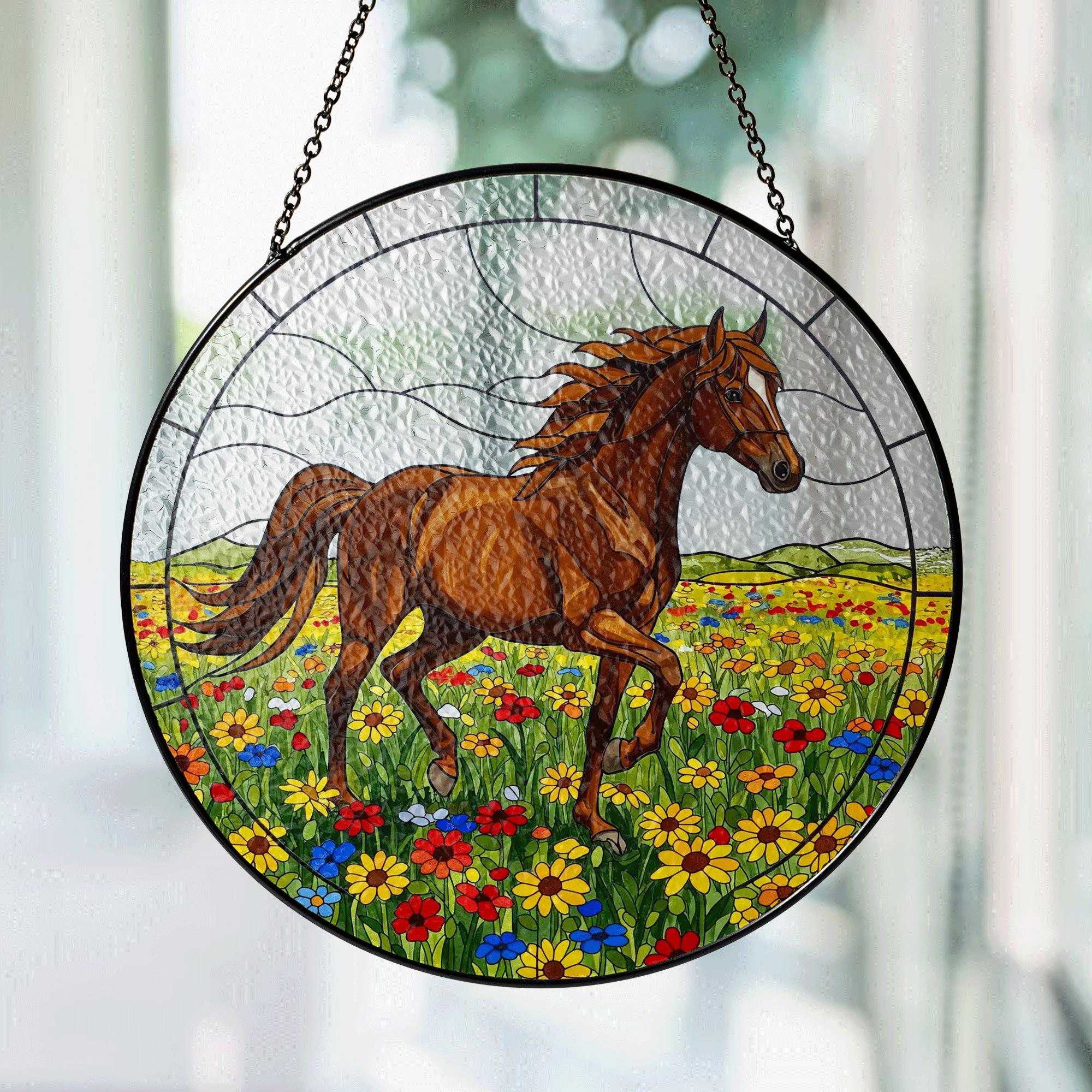 Horse Glass Suncatcher – Stained Glass Window Hanging with Running Horse in Flower Field, Equestrian Home Decor, Western Gift Idea