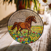 Horse Glass Suncatcher – Stained Glass Window Hanging with Running Horse in Flower Field, Equestrian Home Decor, Western Gift Idea