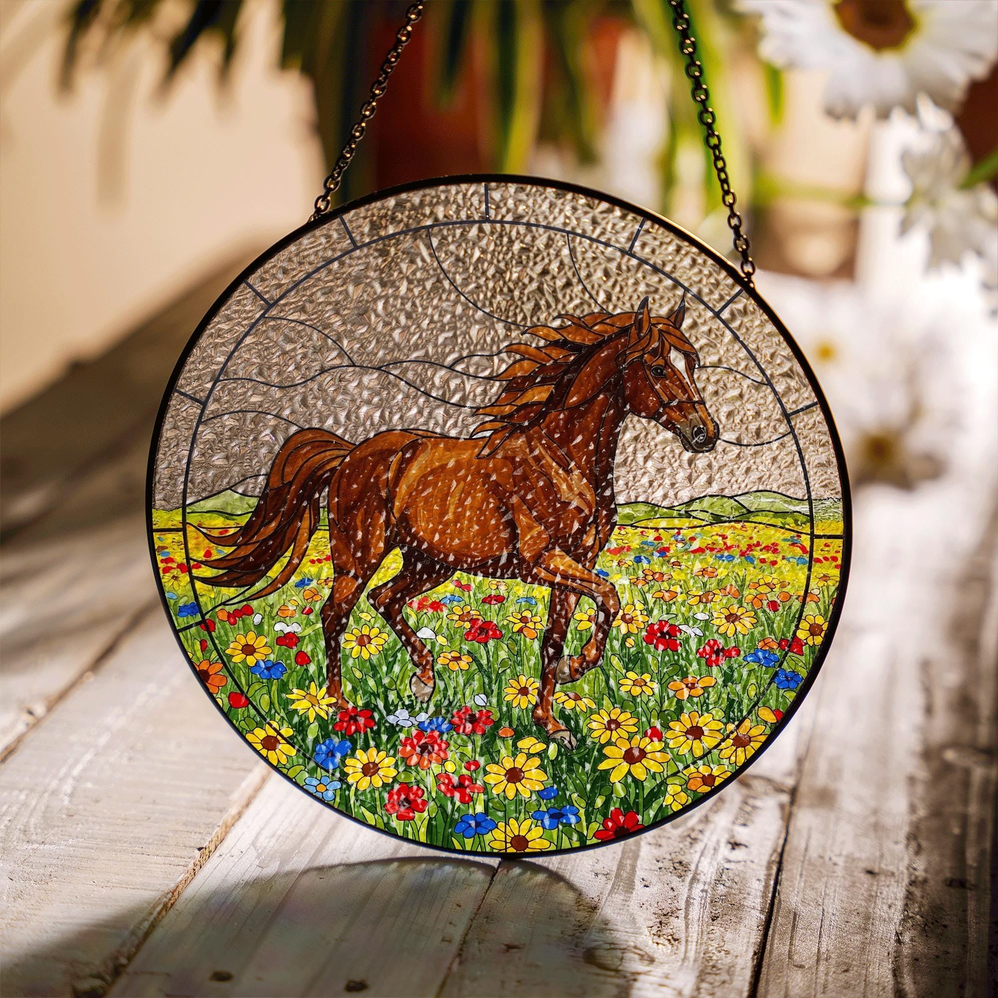 Horse Glass Suncatcher – Stained Glass Window Hanging with Running Horse in Flower Field, Equestrian Home Decor, Western Gift Idea