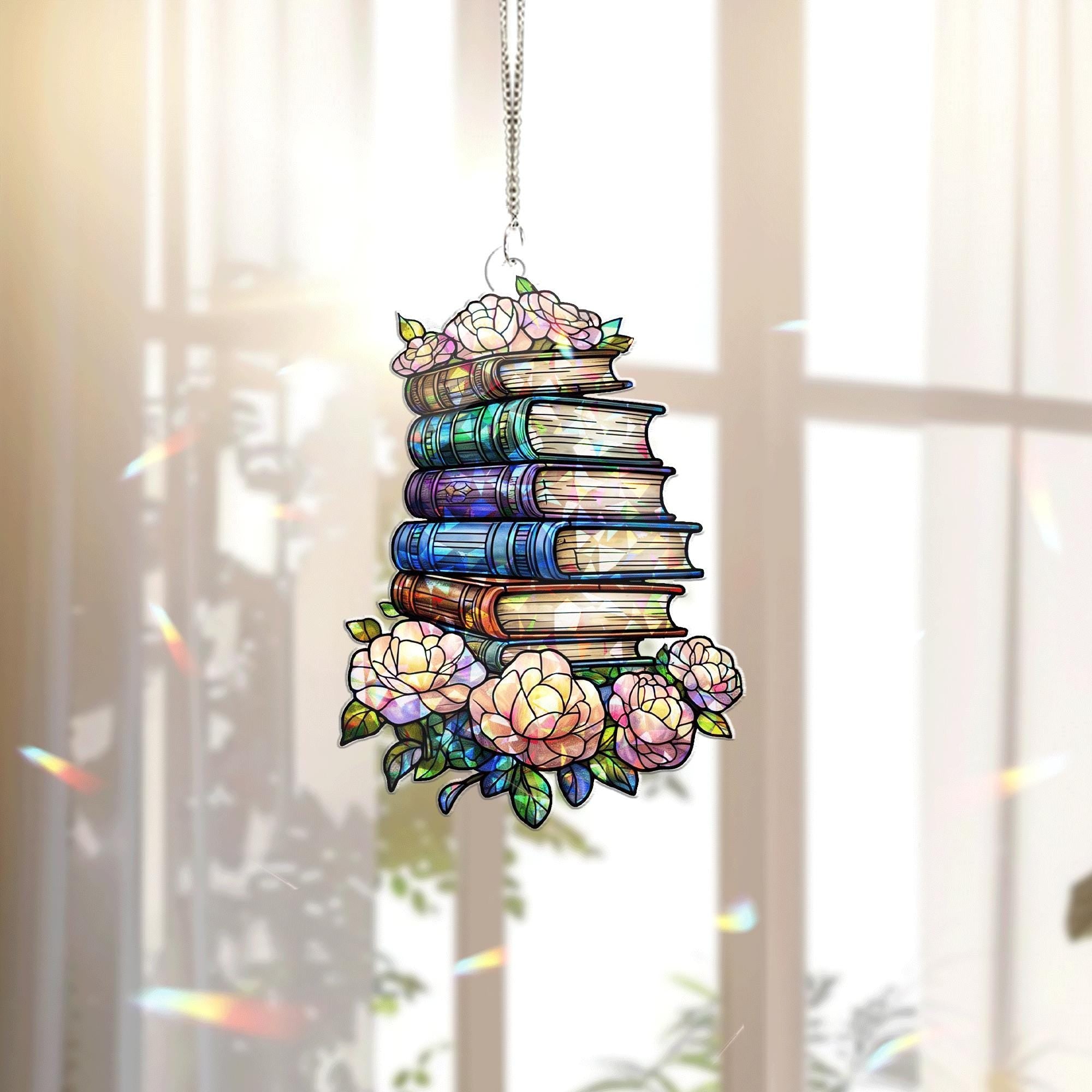 Stacked Books & Peonies Acrylic Window Hanging – Floral Book Lover Gift, Colorful Library Decor, Gift for Readers, Teacher Gift Idea