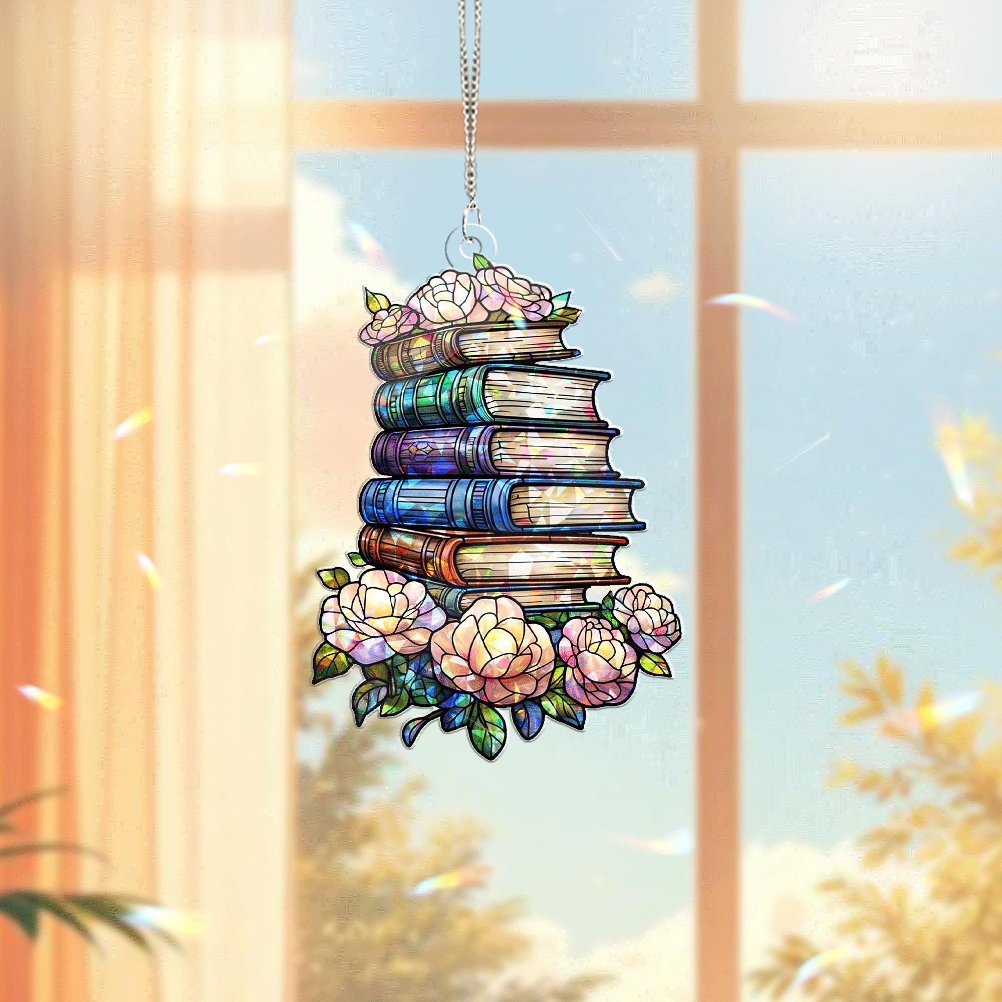 Stacked Books & Peonies Acrylic Window Hanging – Floral Book Lover Gift, Colorful Library Decor, Gift for Readers, Teacher Gift Idea