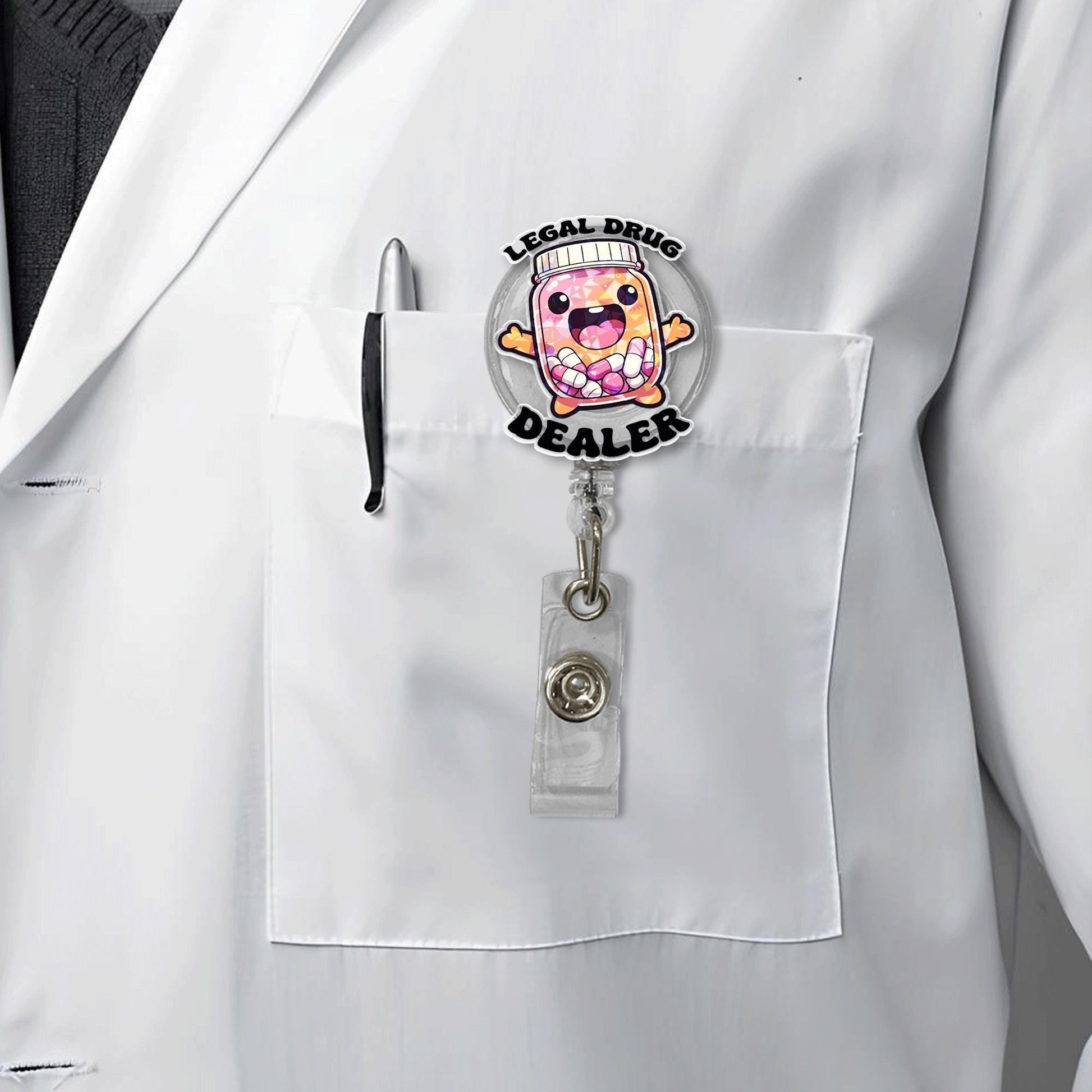 Funny "Legal Drug Dealer" Badge Reel – Cute Pill Bottle ID Holder for Pharmacists, Nurses, and Healthcare Workers Gift