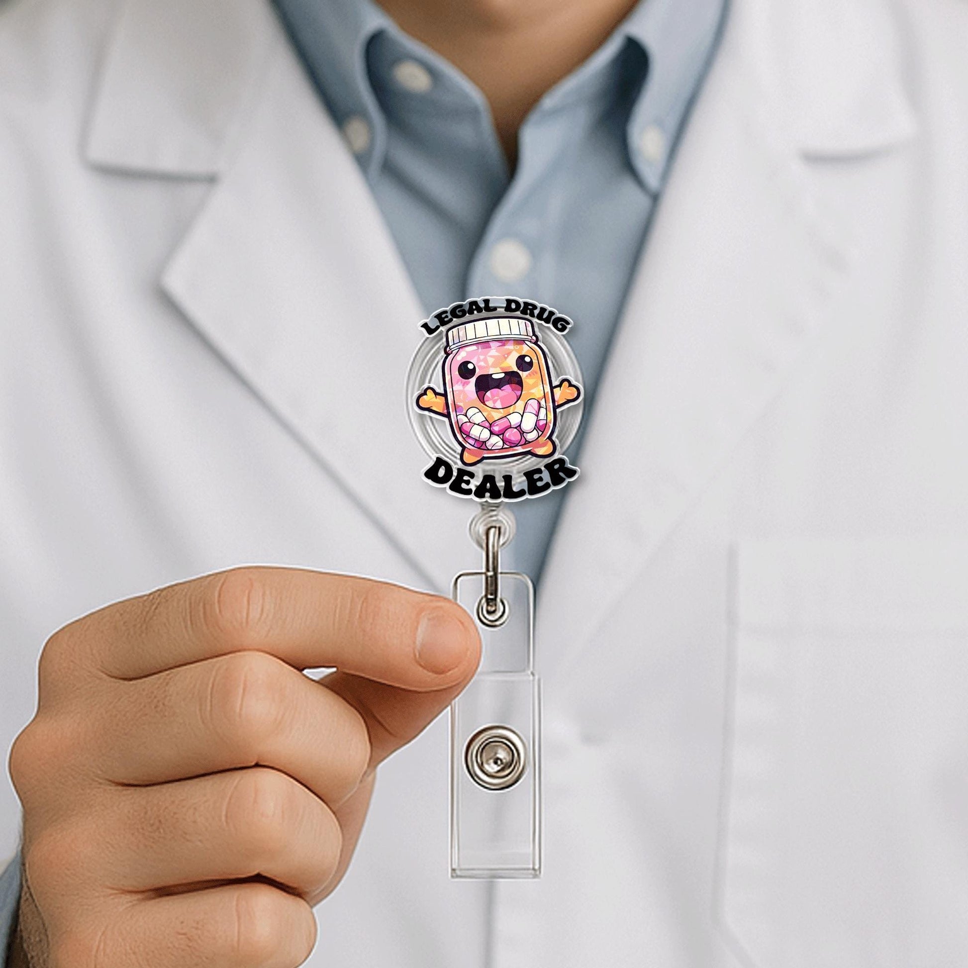Funny "Legal Drug Dealer" Badge Reel – Cute Pill Bottle ID Holder for Pharmacists, Nurses, and Healthcare Workers Gift